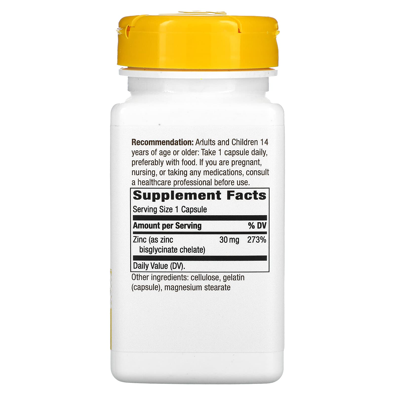 Nature's Way zinc quelado 30 mg, etiqueta de la botella para uso diario