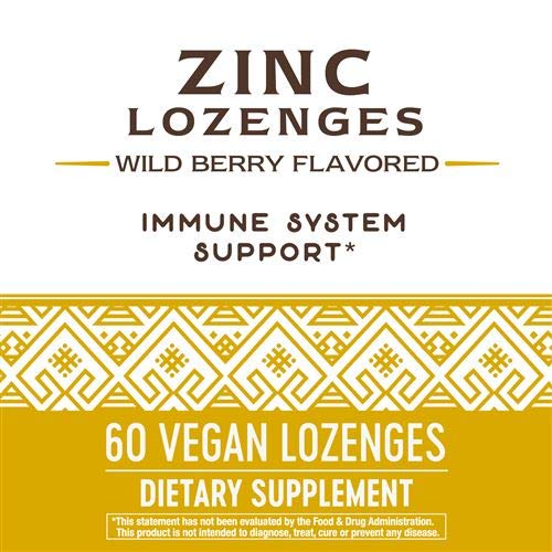 Nature's Way Zinc sabor frutos rojos, dorso del envase de 60 pastillas.