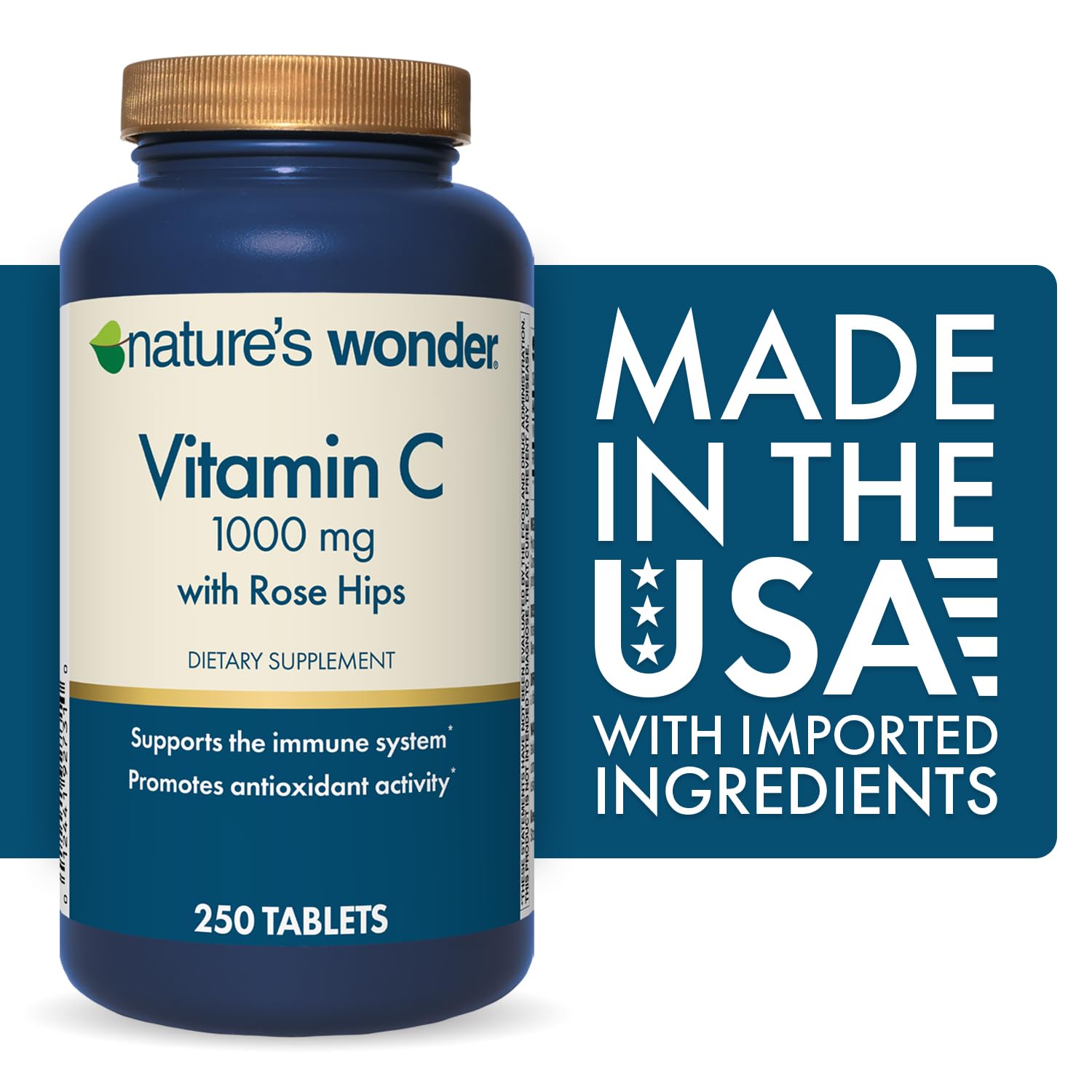 Nature's Wonder Vitamina C 1000 mg con rosa mosqueta, tabletas visibles para dosis diarias