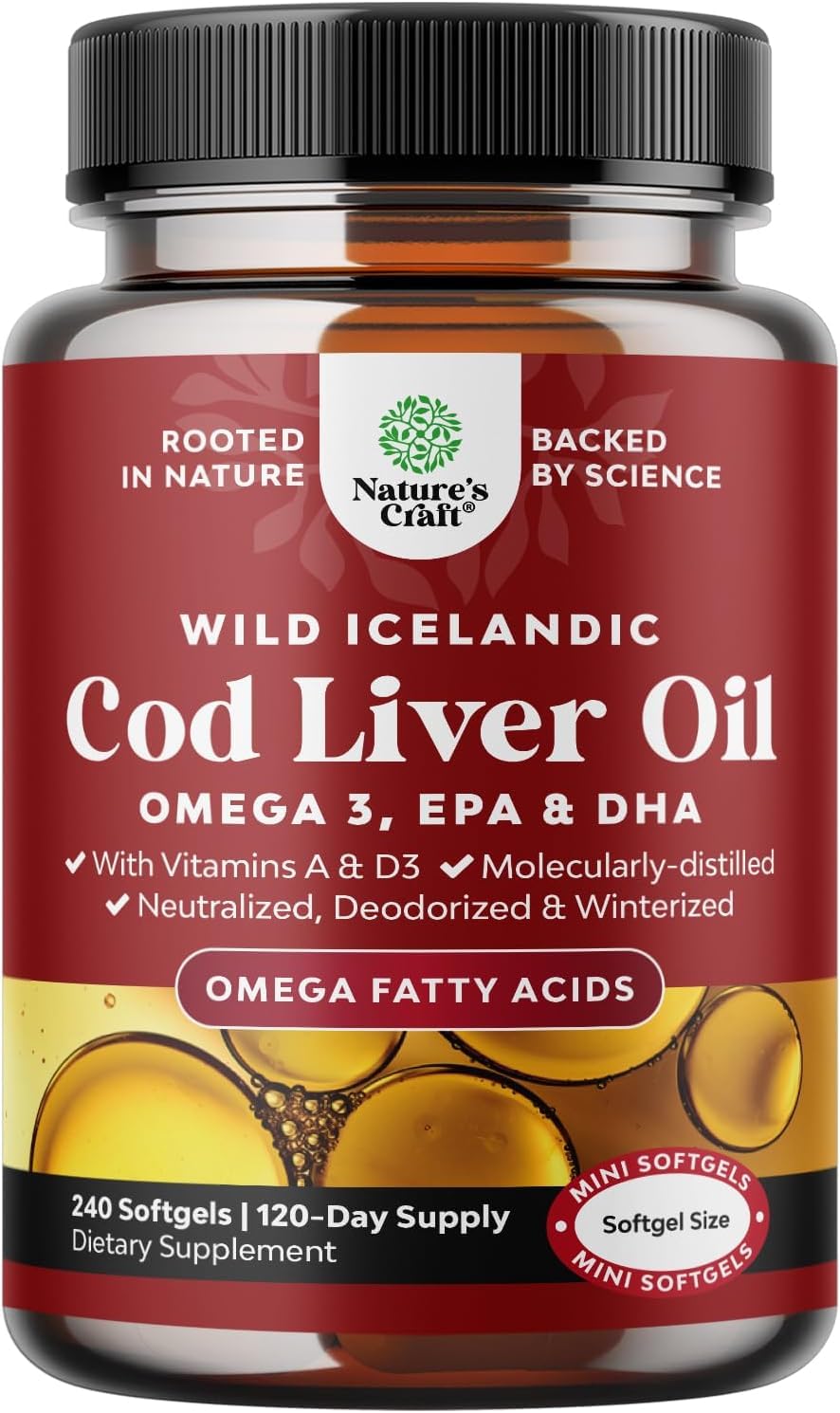 Natures Craft Aceite de Hígado de Bacalao Islandia - botella, apoyo al corazon y cerebro