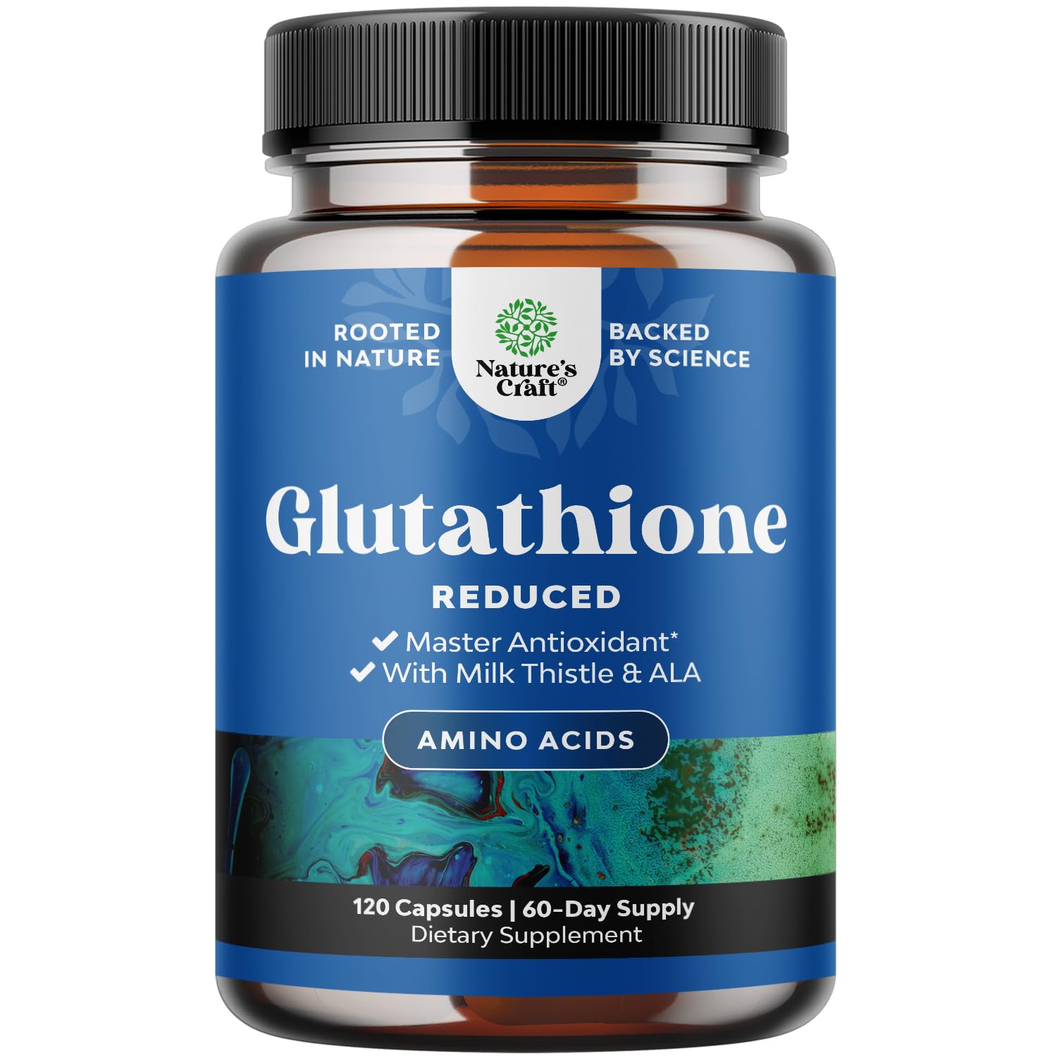 NaturesCraft Glutatión 1000mg, botella vertida en primer plano; posible apoyo a una piel más luminosa.