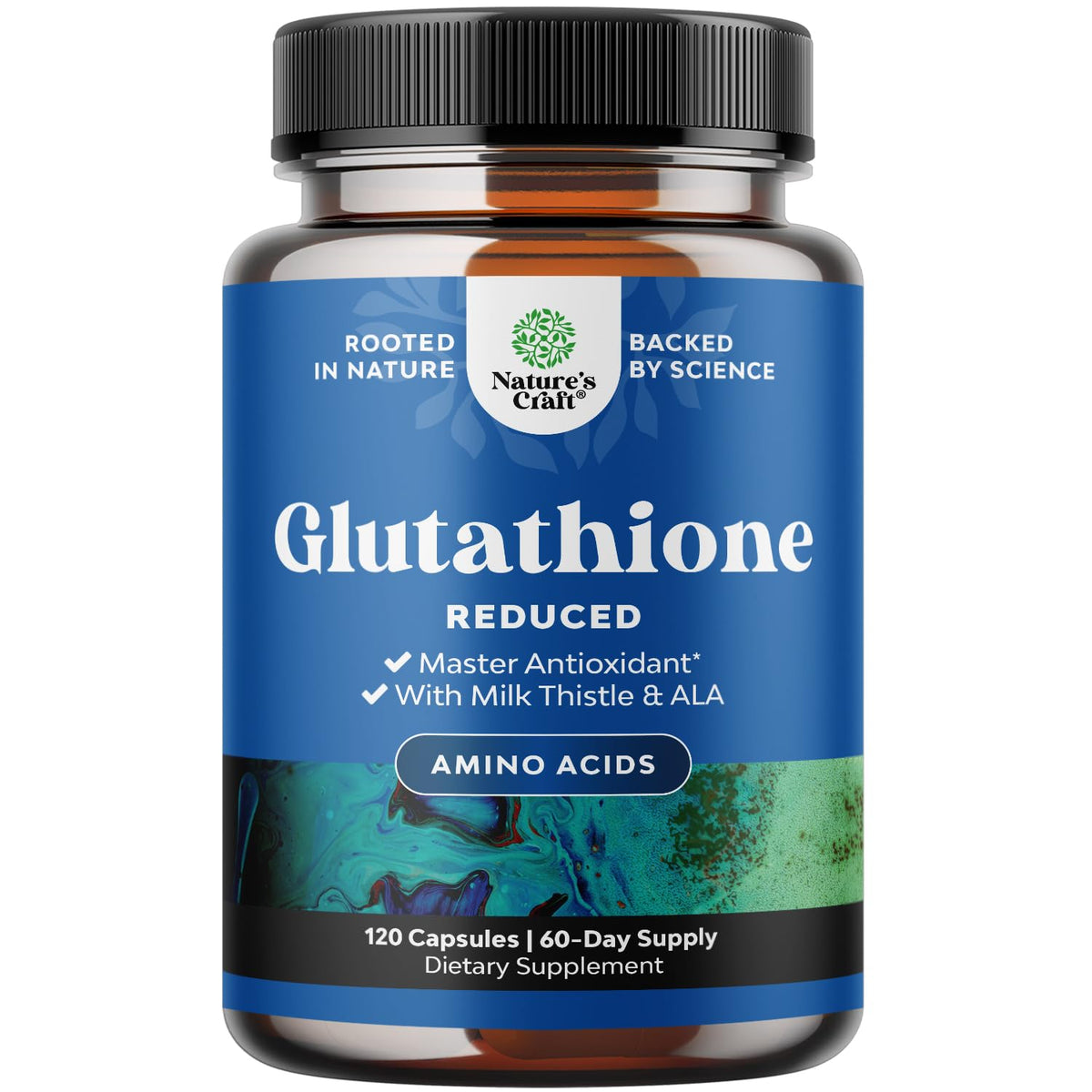 NaturesCraft Glutatión 1000mg, botella vertida en primer plano; posible apoyo a una piel más luminosa.