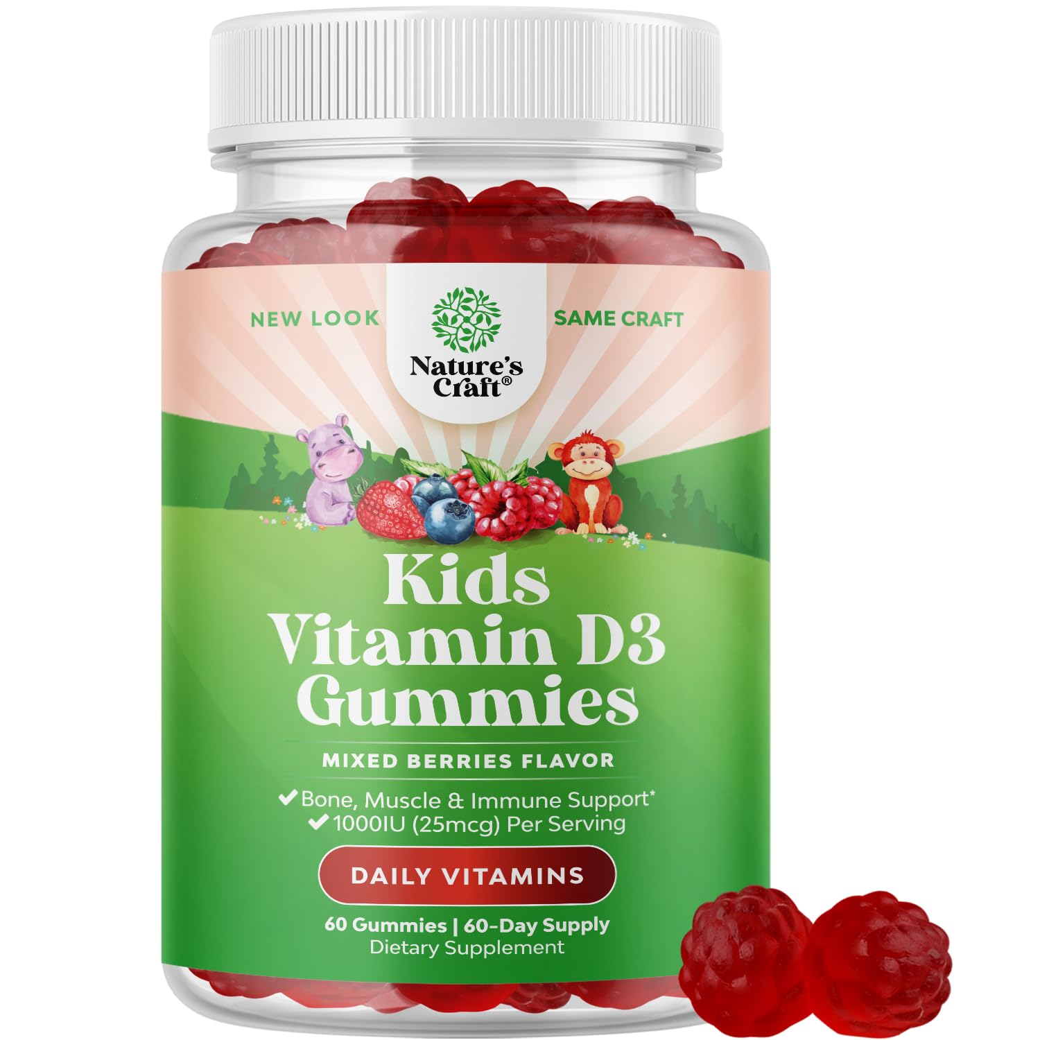 Natures Craft gomitas de Vitamina D para niños, empaque práctico para uso diario.