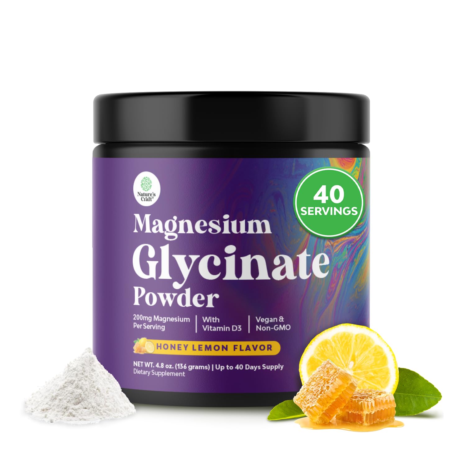 Natures Craft Magnesio glicinato de alta absorción en frasco de 136 g para uso diario.