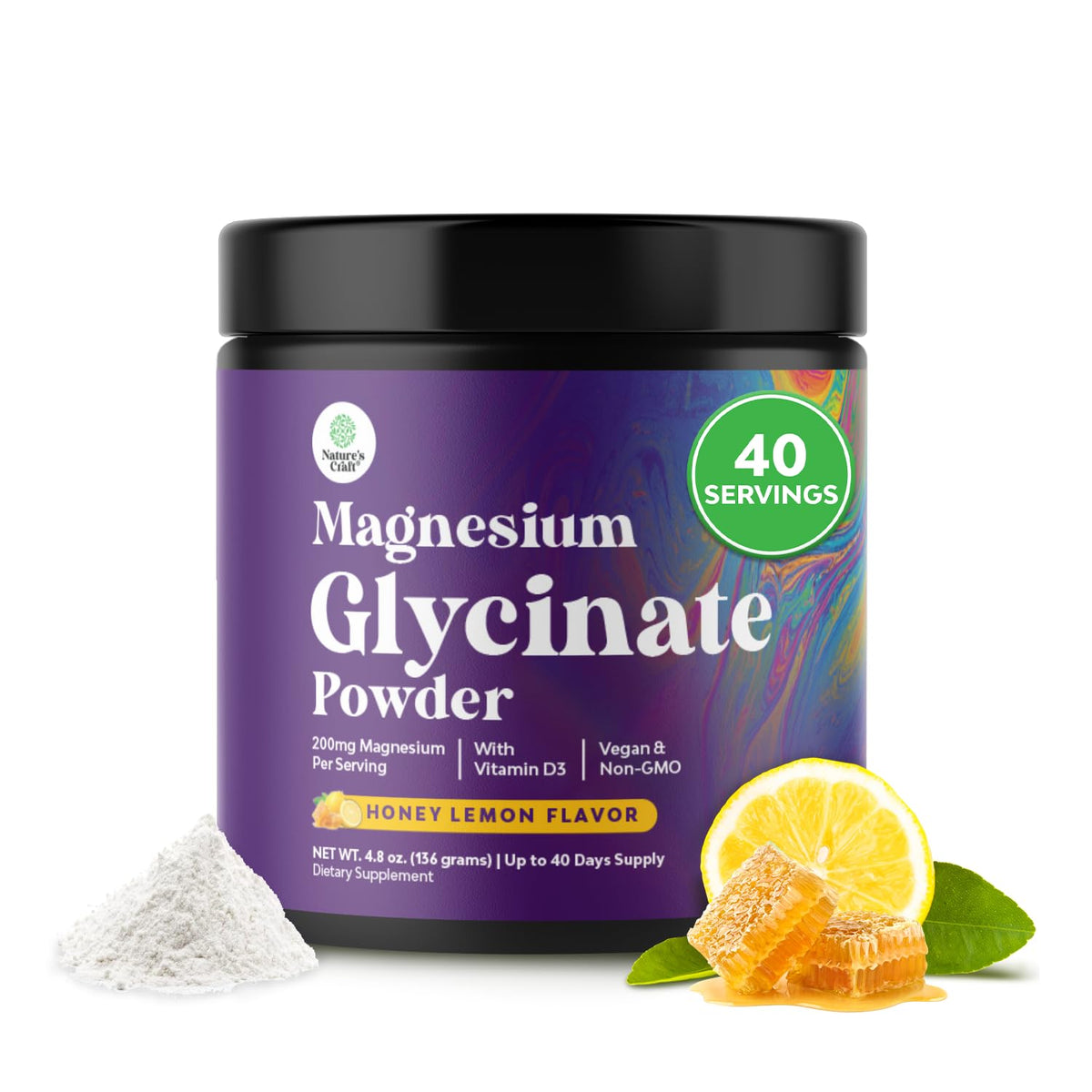 Natures Craft Magnesio glicinato de alta absorción en frasco de 136 g para uso diario.