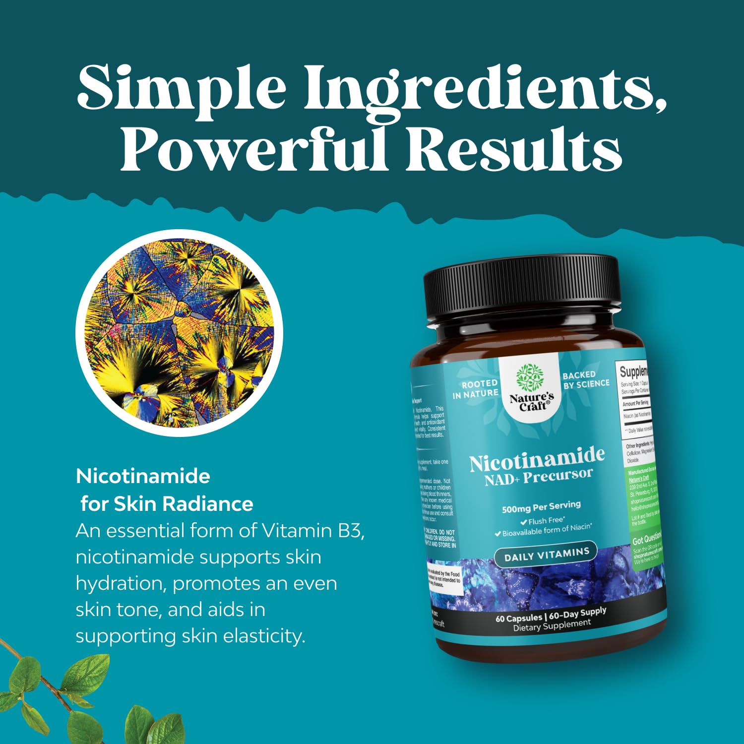 Natures Craft Niacinamida 500 mg, cápsulas en dispensador práctico.