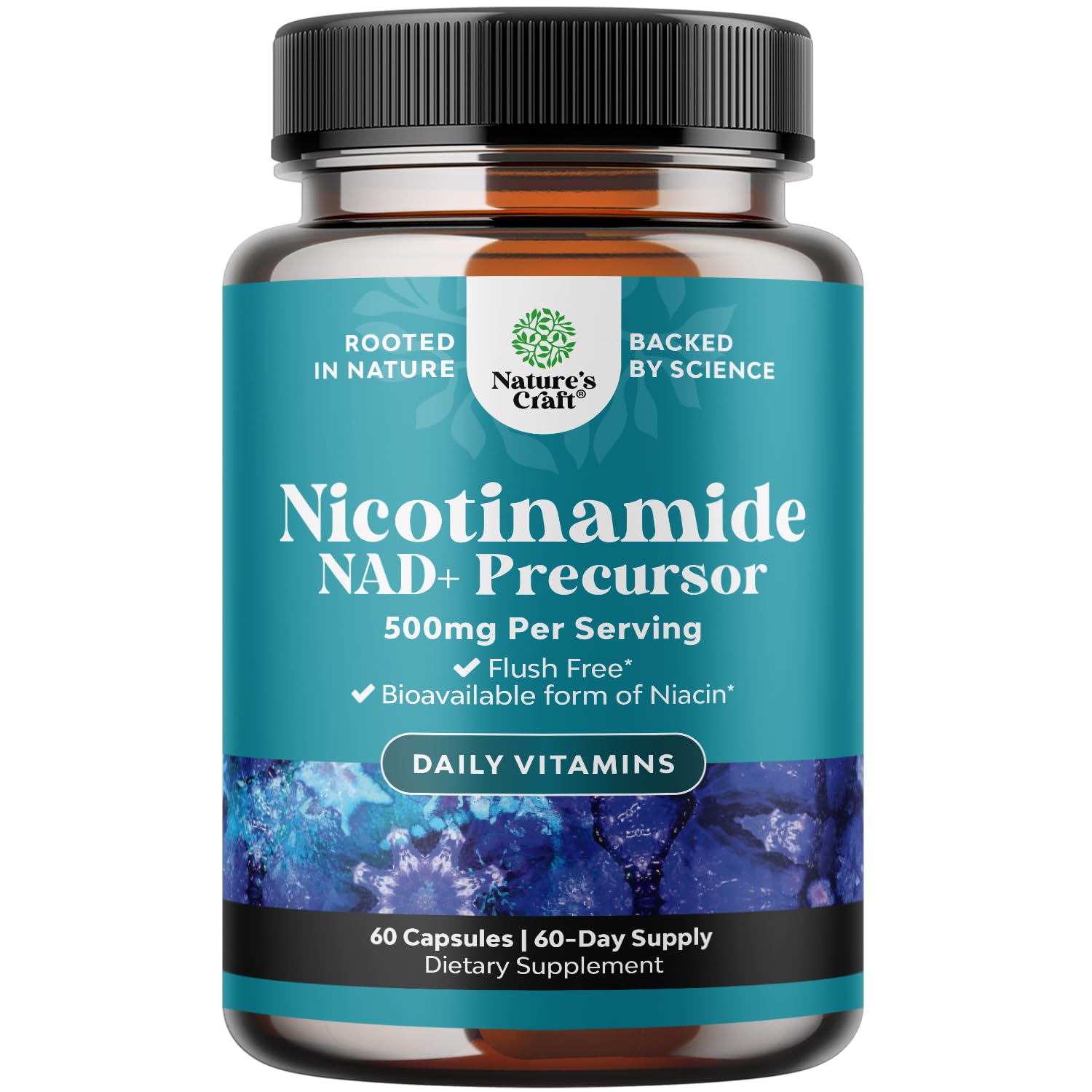 Natures Craft Niacinamida 500 mg, cápsulas para uso diario y energía suave.