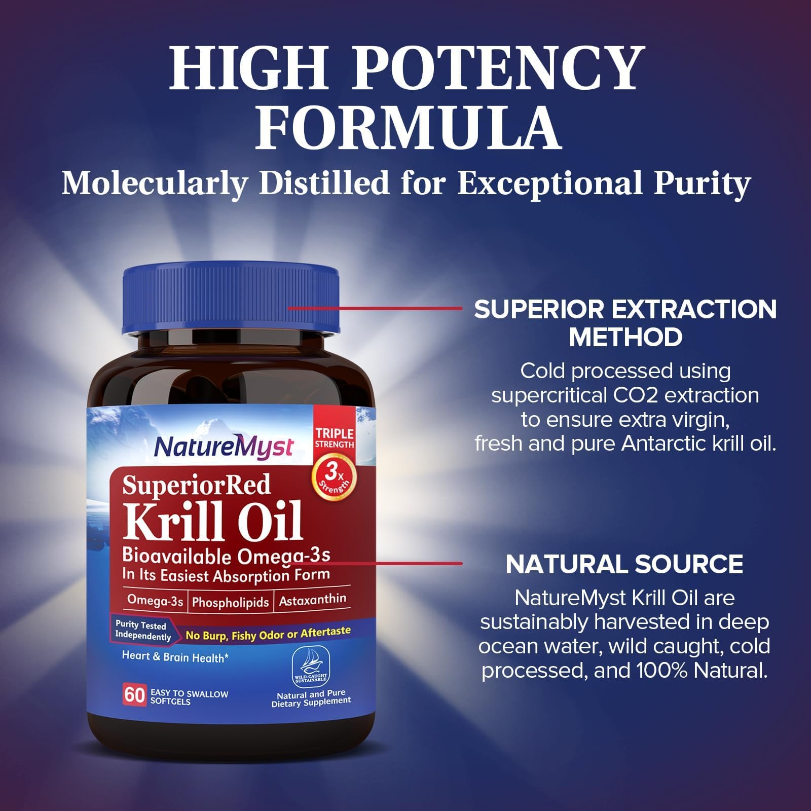 NatureMyst Aceite de Krill 1000 mg, obtenido del océano profundo y sostenible.