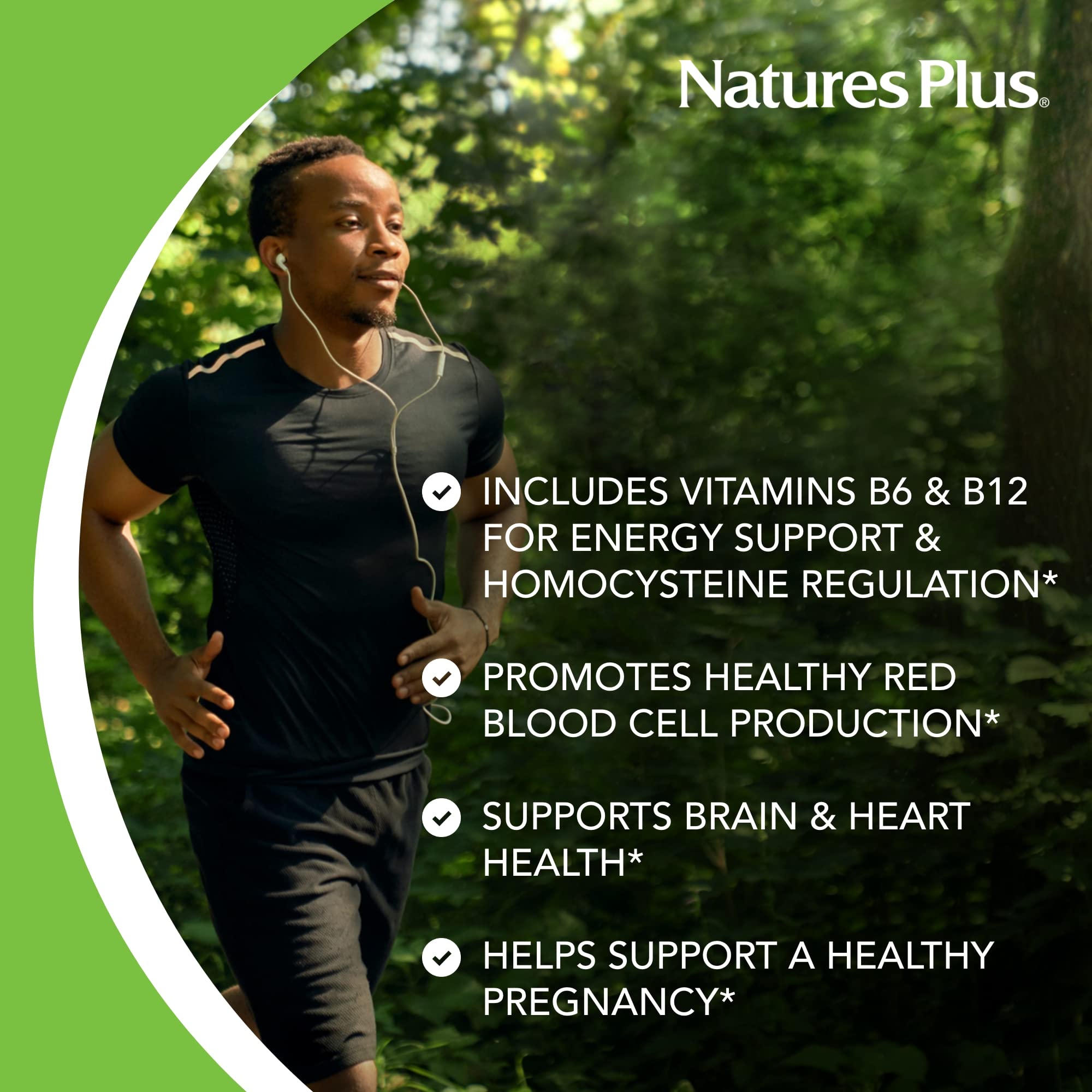 NaturesPlus Corazones de Ácido Fólico con B6 y B12 para energía y equilibrio.