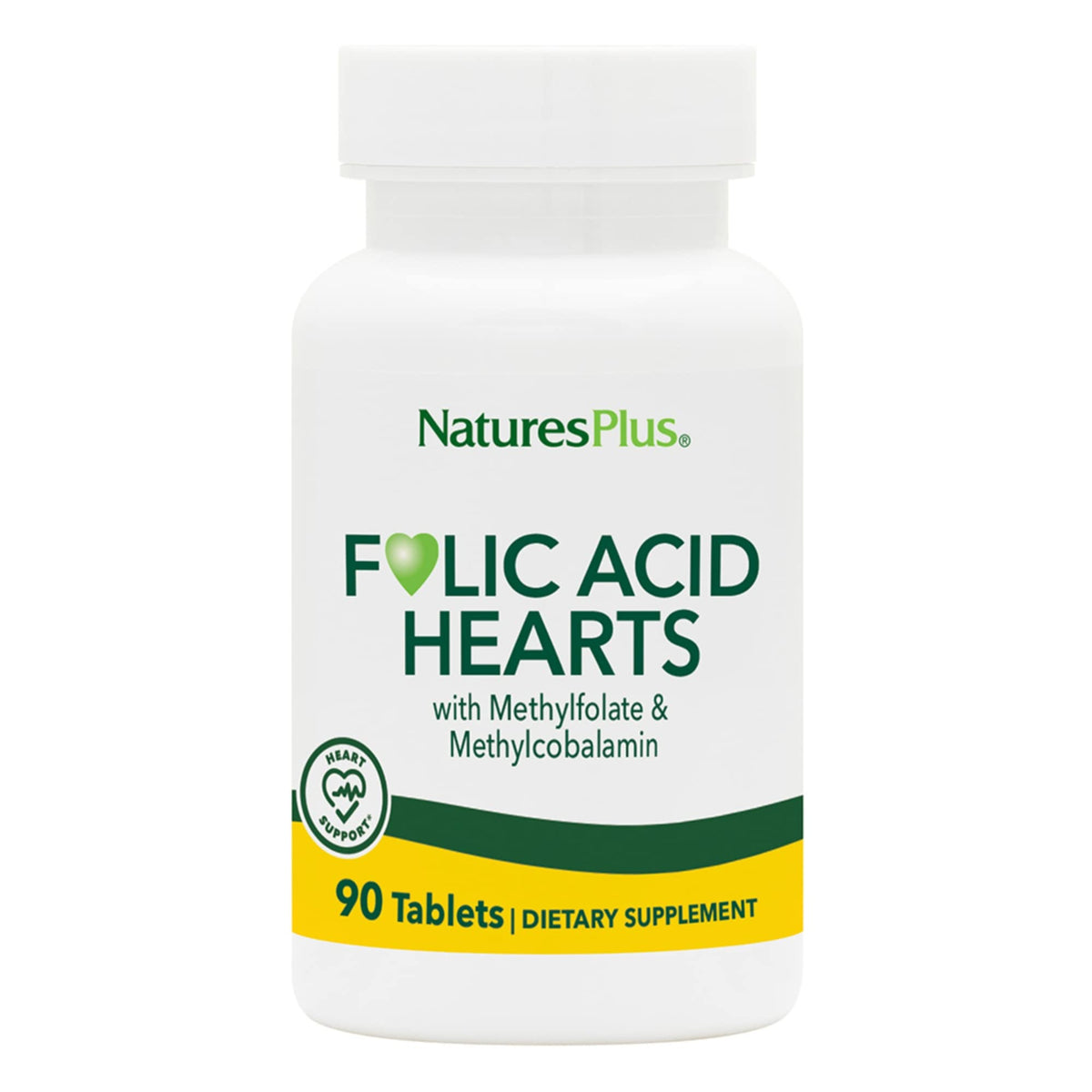 NaturesPlus Corazones de Ácido Fólico, botella con tabletas en forma de corazón para energía.