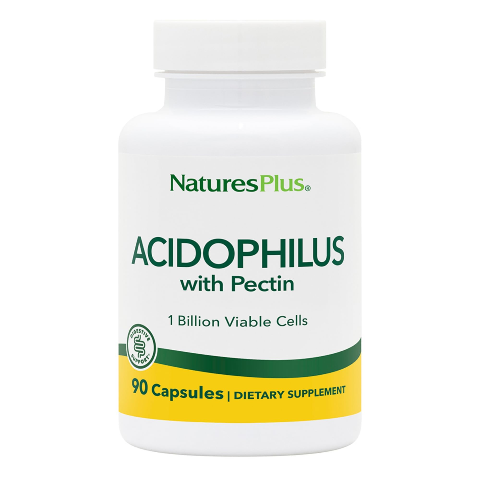 NaturesPlus Acidophilus con Pectina, frontal de envase, apoyo digestivo natural.