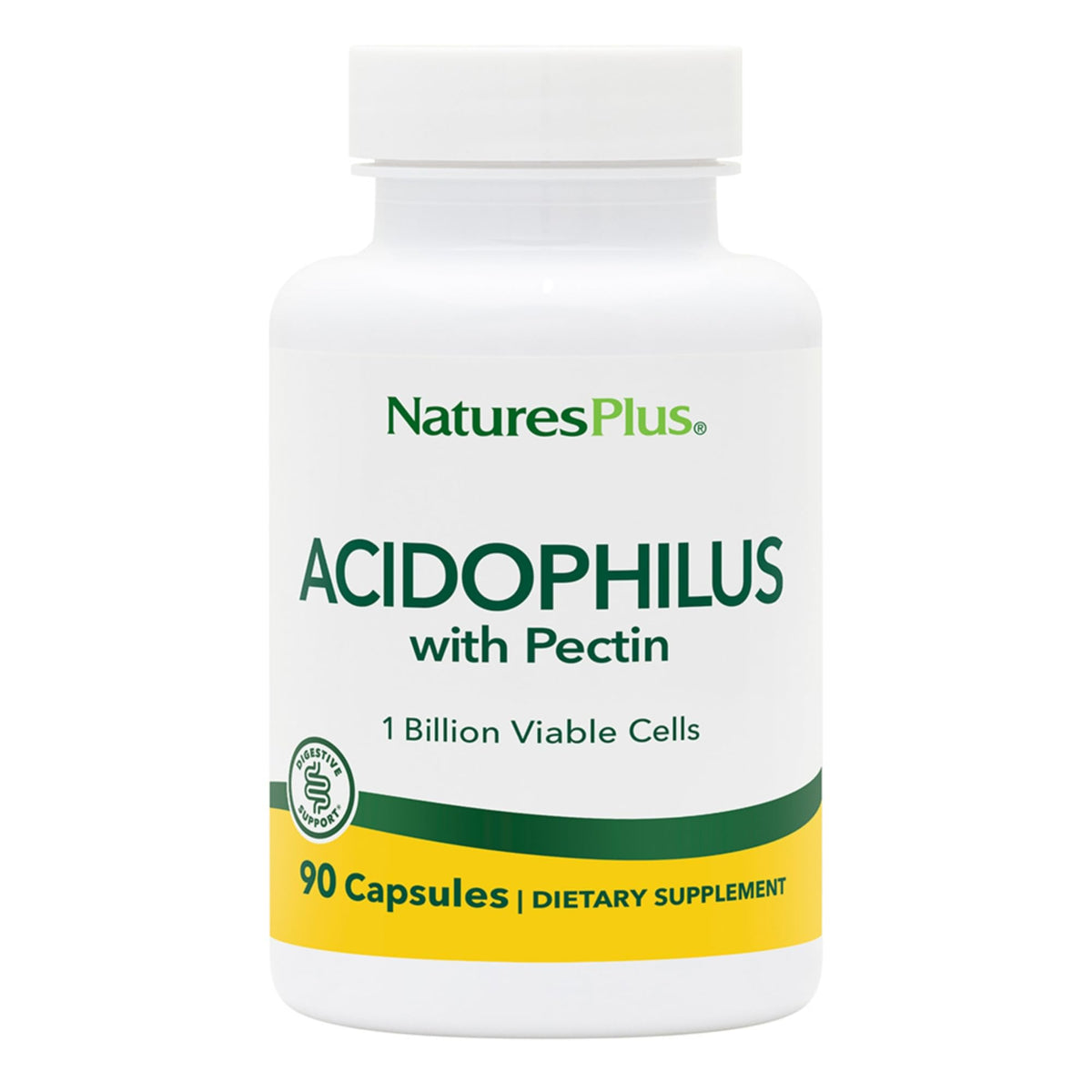 NaturesPlus Acidophilus con Pectina, frontal de envase, apoyo digestivo natural.