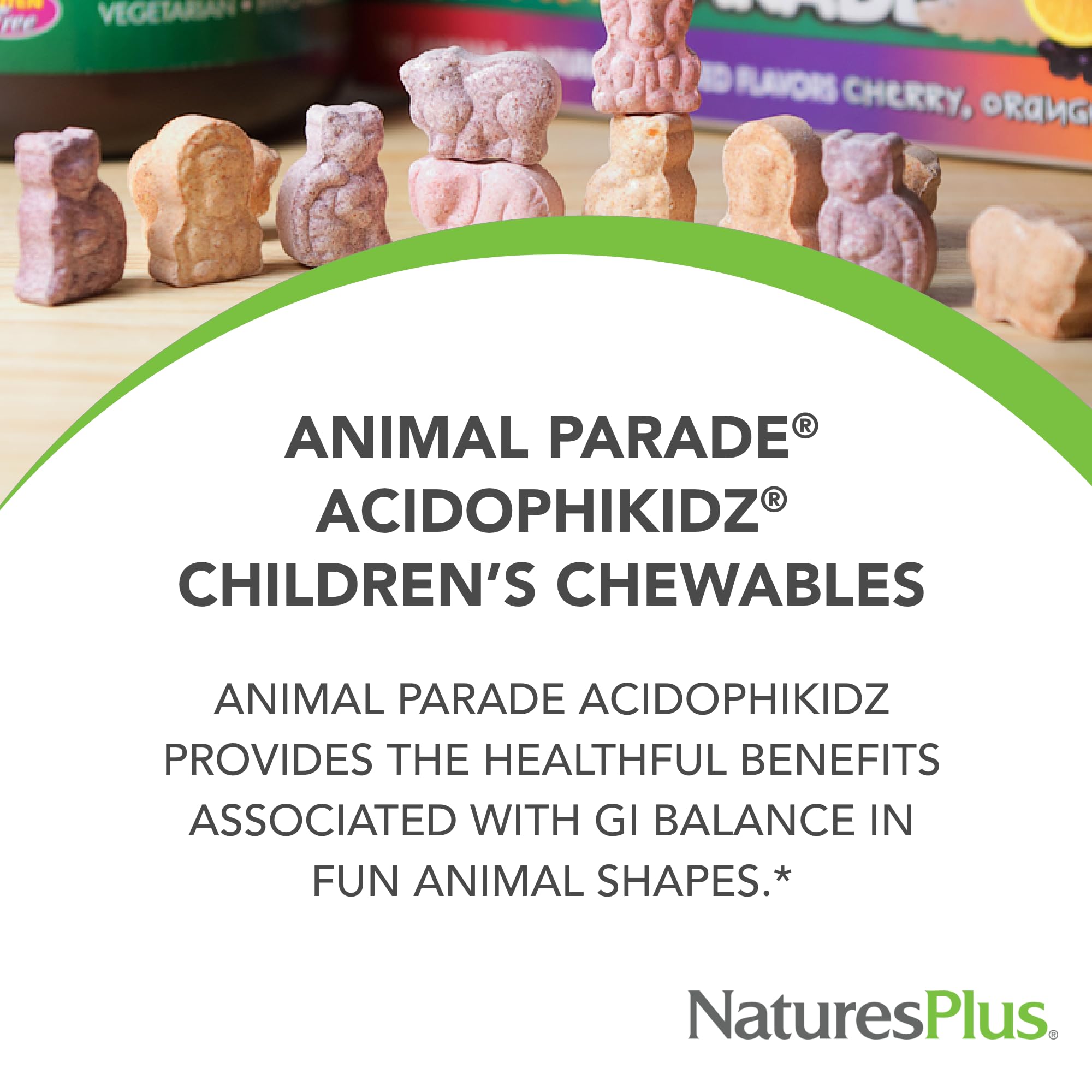 NaturesPlus Animal Parade AcidophiKidz, FOS para mejorar biodisponibilidad y flora beneficiosa.
