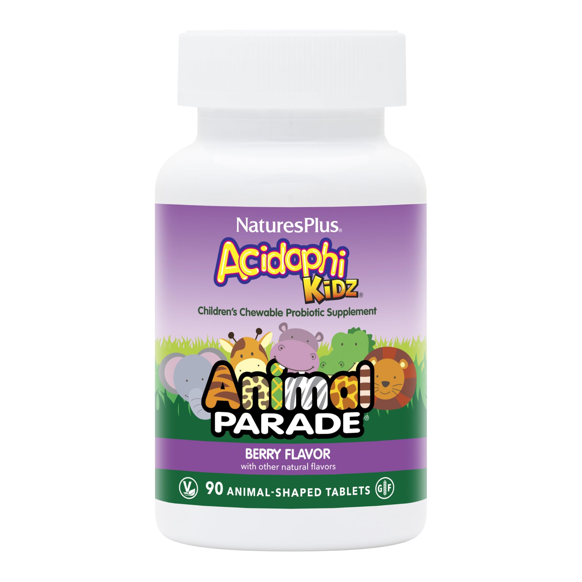 NaturesPlus Animal Parade AcidophiKidz, tabletas en forma de animal, sabor frambuesa para niños, apoyo digestivo.