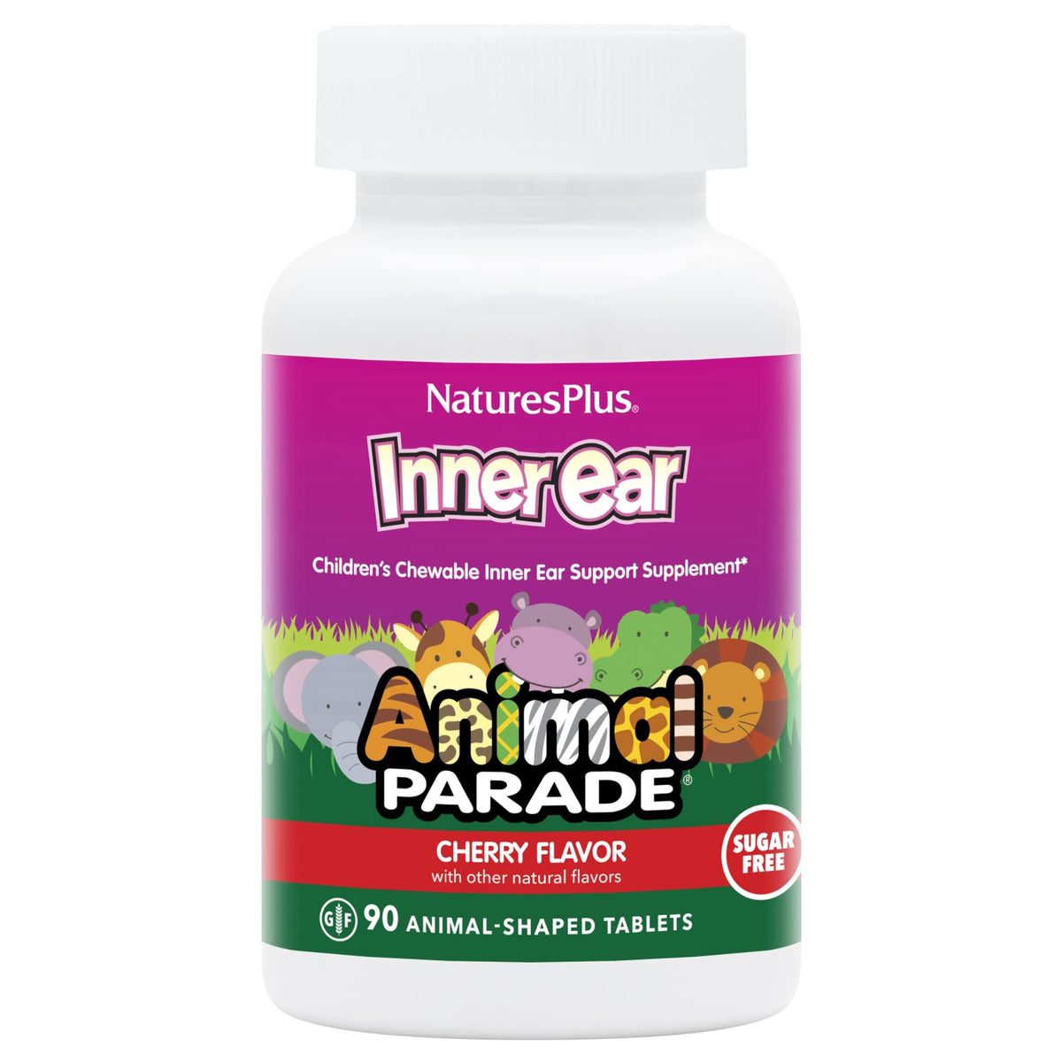 NaturesPlus Animal Parade bote, sabor cereza natural, atractiva presentación para niños.