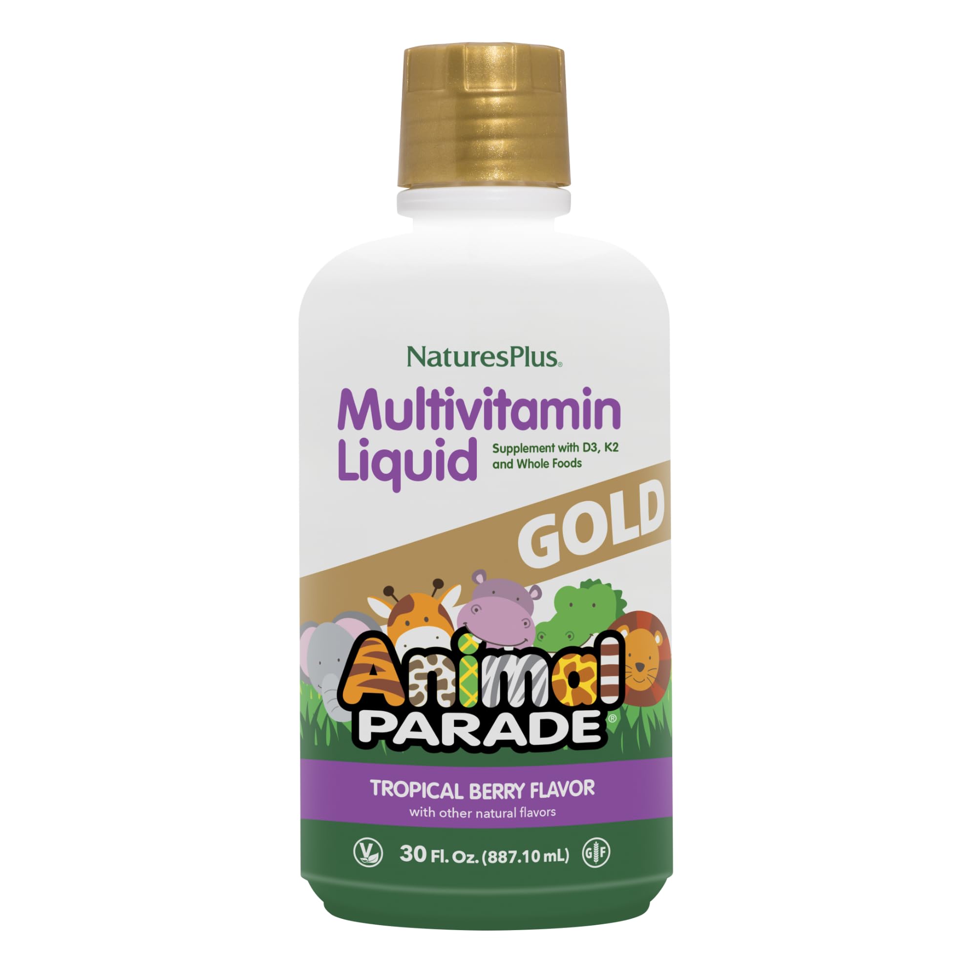 NaturesPlus Animal Parade botella frontal con sabor tropical para apoyar la inmunidad diaria.