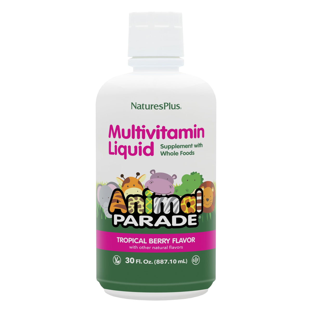 Botella de NaturesPlus Animal Parade con sabor Tropical Berry para uso diario de niños.