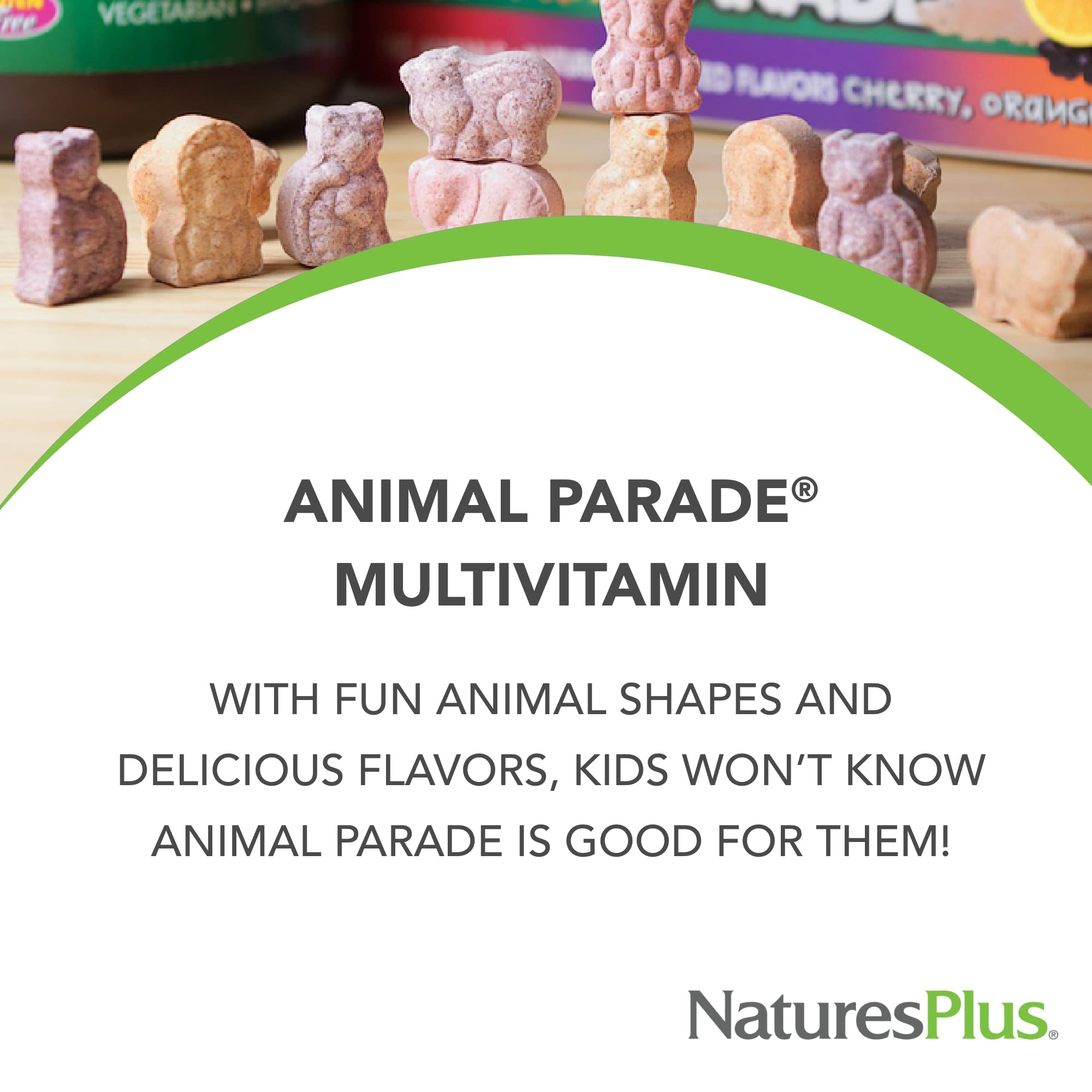 NaturesPlus Animal Parade botella, presentación atractiva que facilita la toma diaria