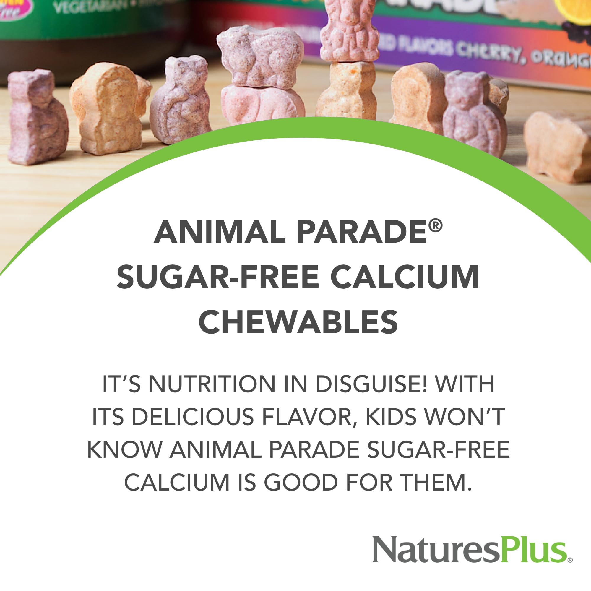 NaturesPlus Animal Parade, calcio sin azúcar endulzado con xilitol para niños.