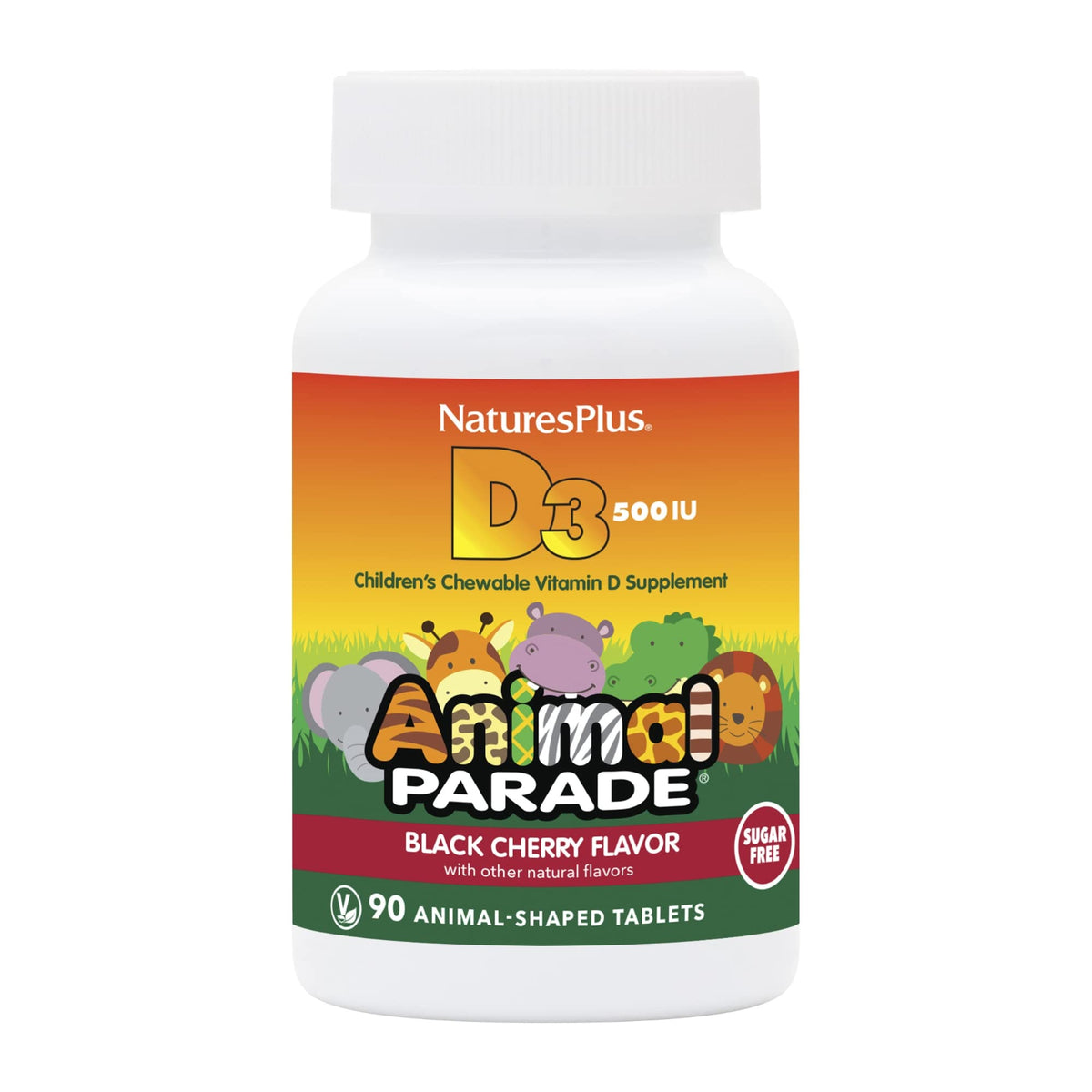 NaturesPlus Animal Parade D3, botella con 90 tabletas masticables para niños, apoyando la absorción de calcio.