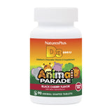 NaturesPlus Animal Parade D3, botella con 90 tabletas masticables para niños, apoyando la absorción de calcio.