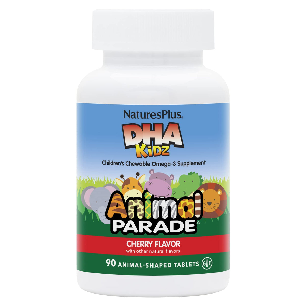 NaturesPlus Animal Parade DHA para niños, figuras de animales masticables con sabor a cereza.