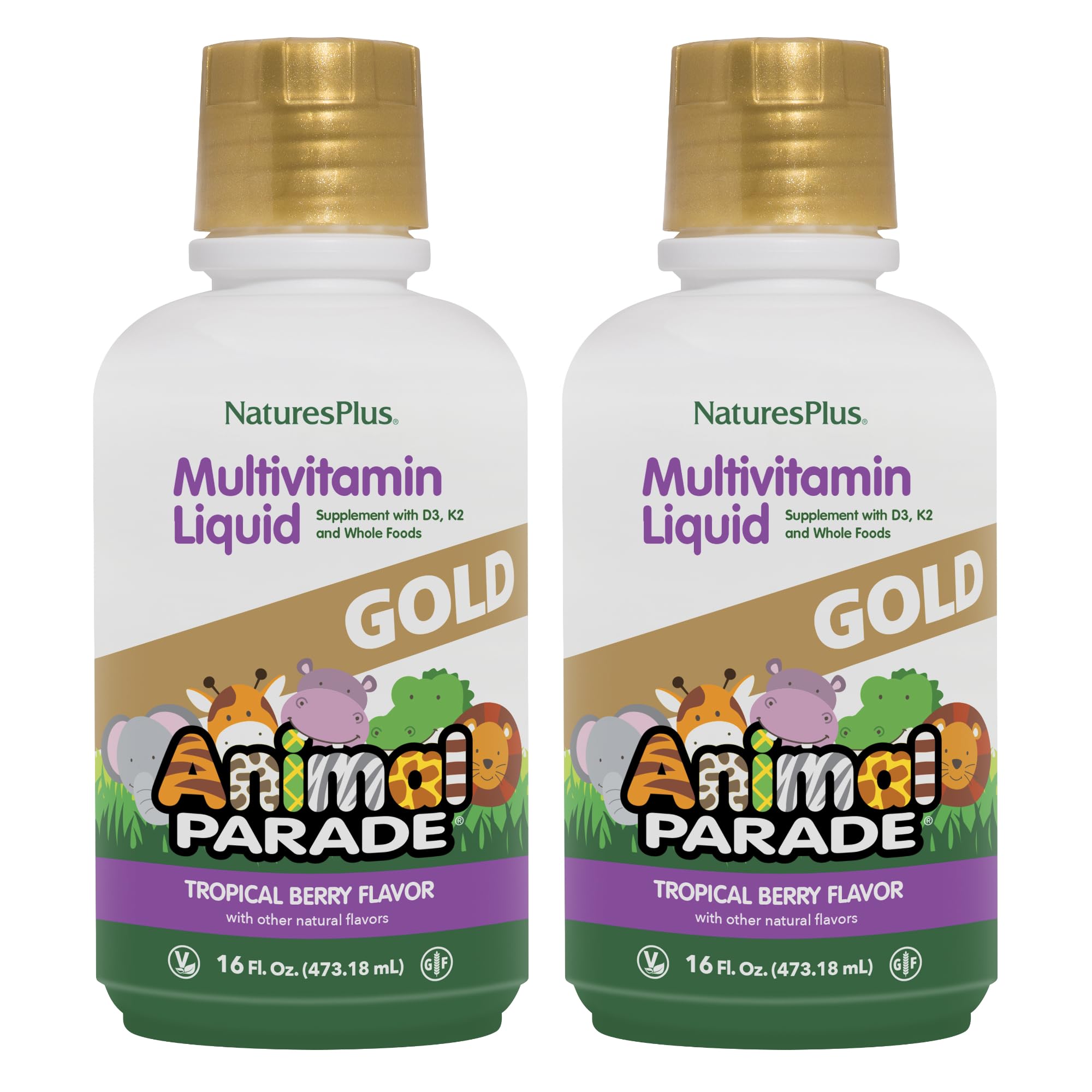 NaturesPlus Animal Parade Gold en botella, sabor tropical, multivitamínico para niños