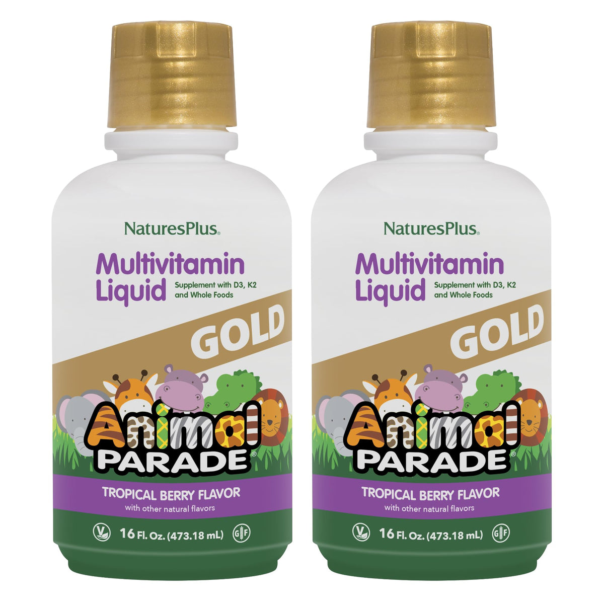 NaturesPlus Animal Parade Gold en botella, sabor tropical, multivitamínico para niños