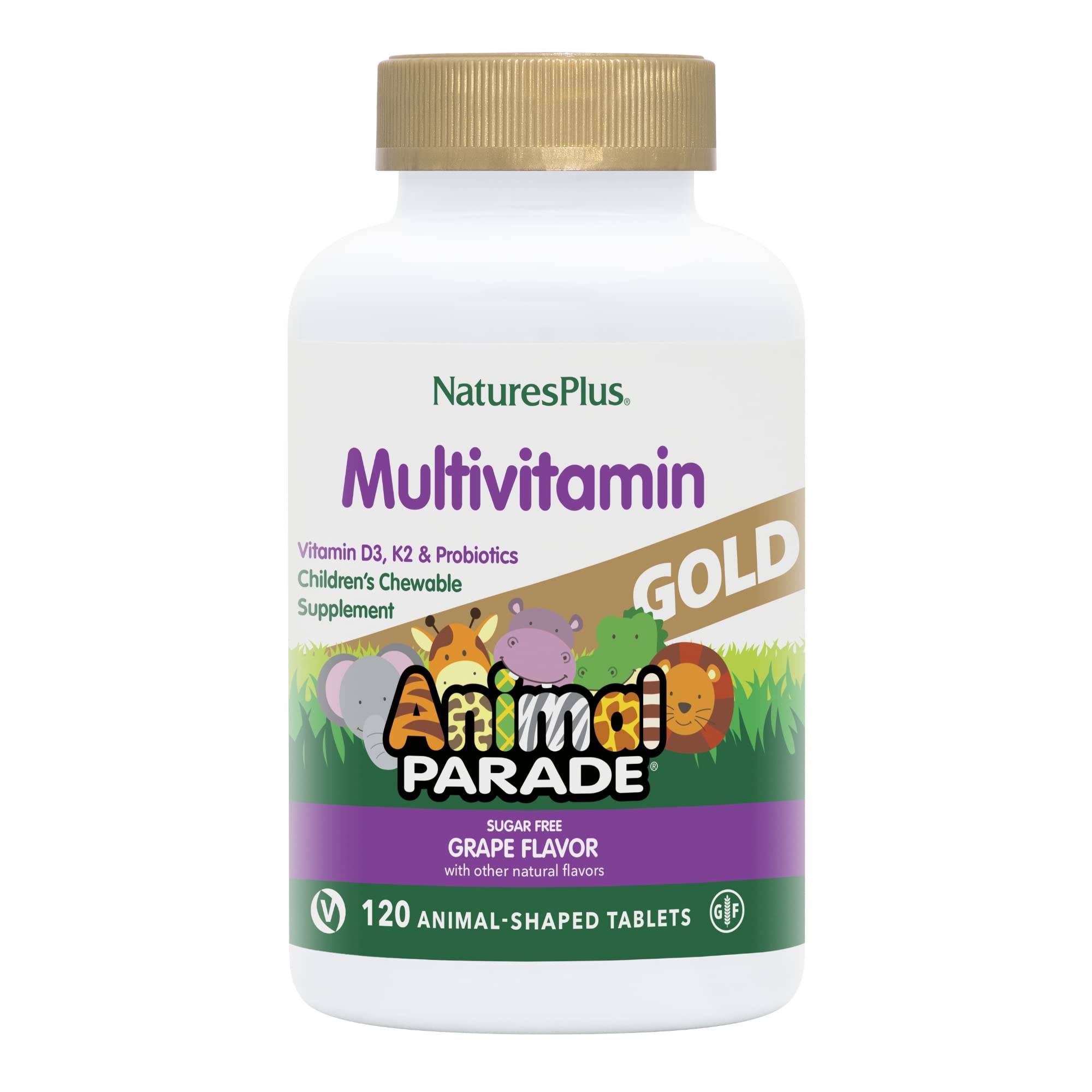 NaturesPlus Animal Parade Gold, botella para ingesta diaria infantil.