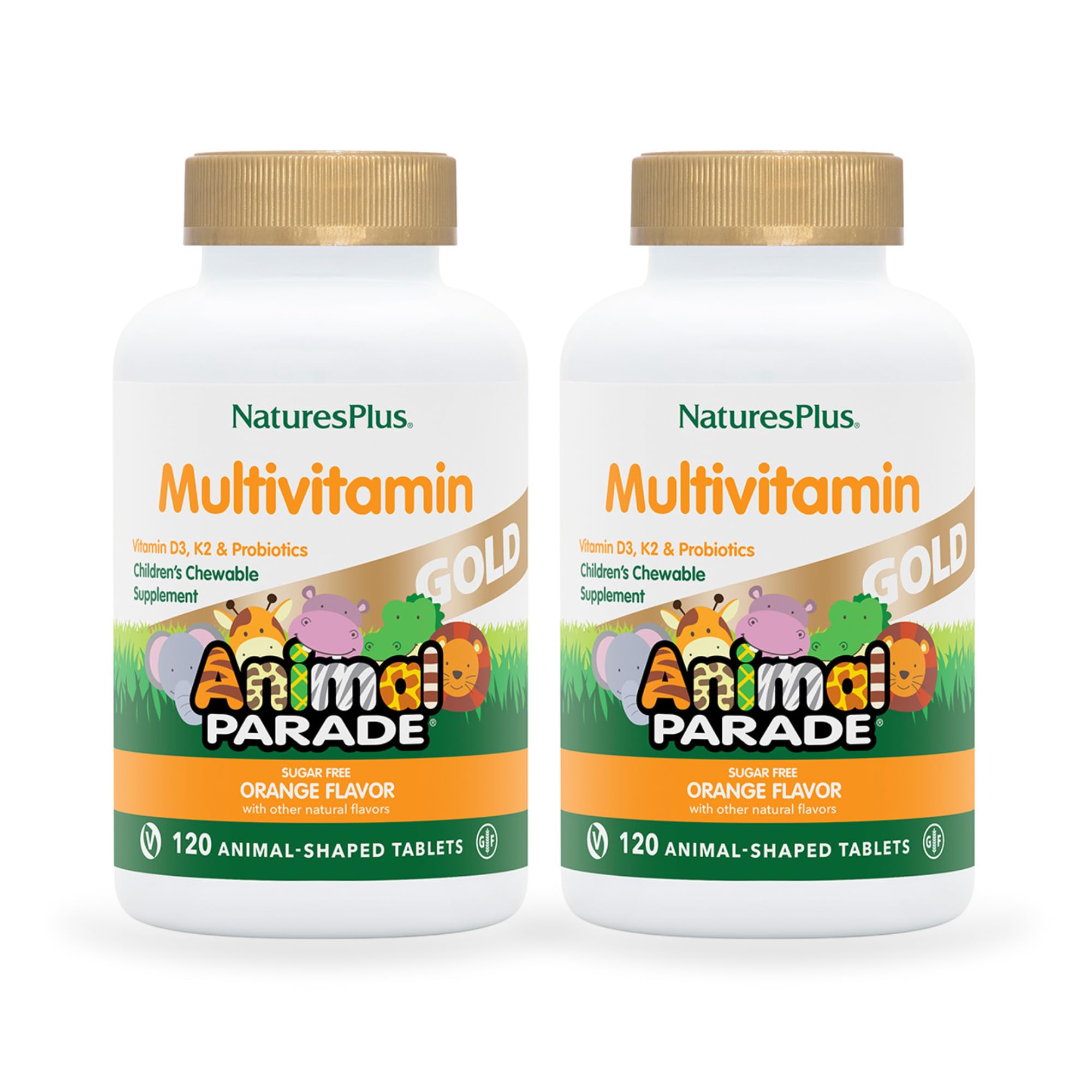 NaturesPlus Animal Parade Gold: comprimidos masticables naranja para niños y sabor agradable.