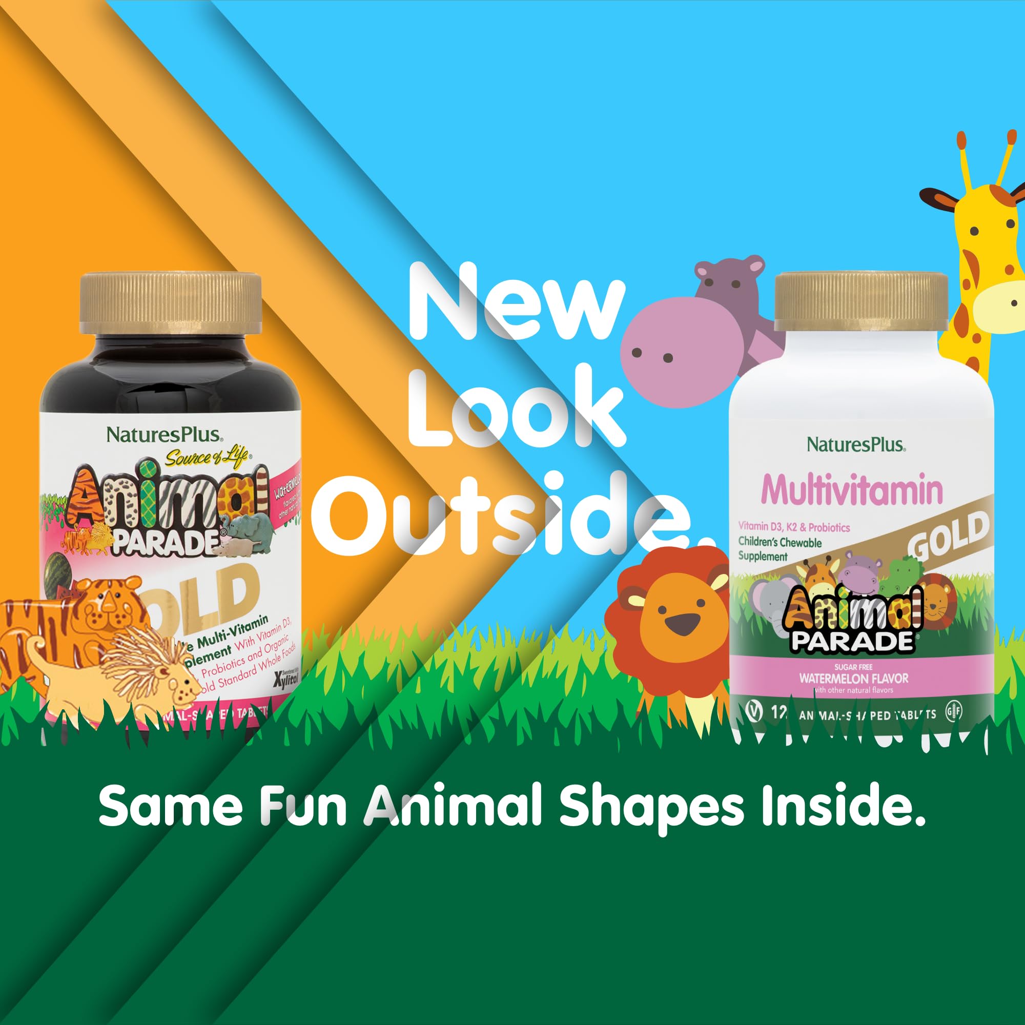 NaturesPlus Animal Parade Gold: empaque frontal que facilita reconocer el producto