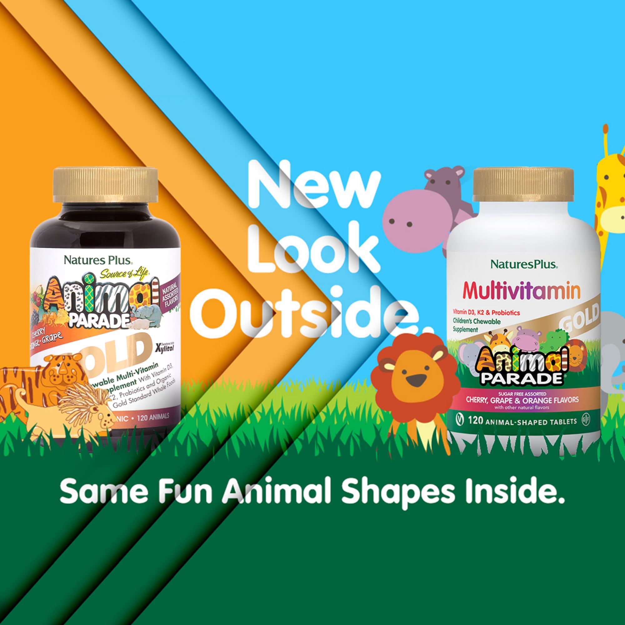NaturesPlus Animal Parade Gold, formas de animales masticables que encantan a los niños.