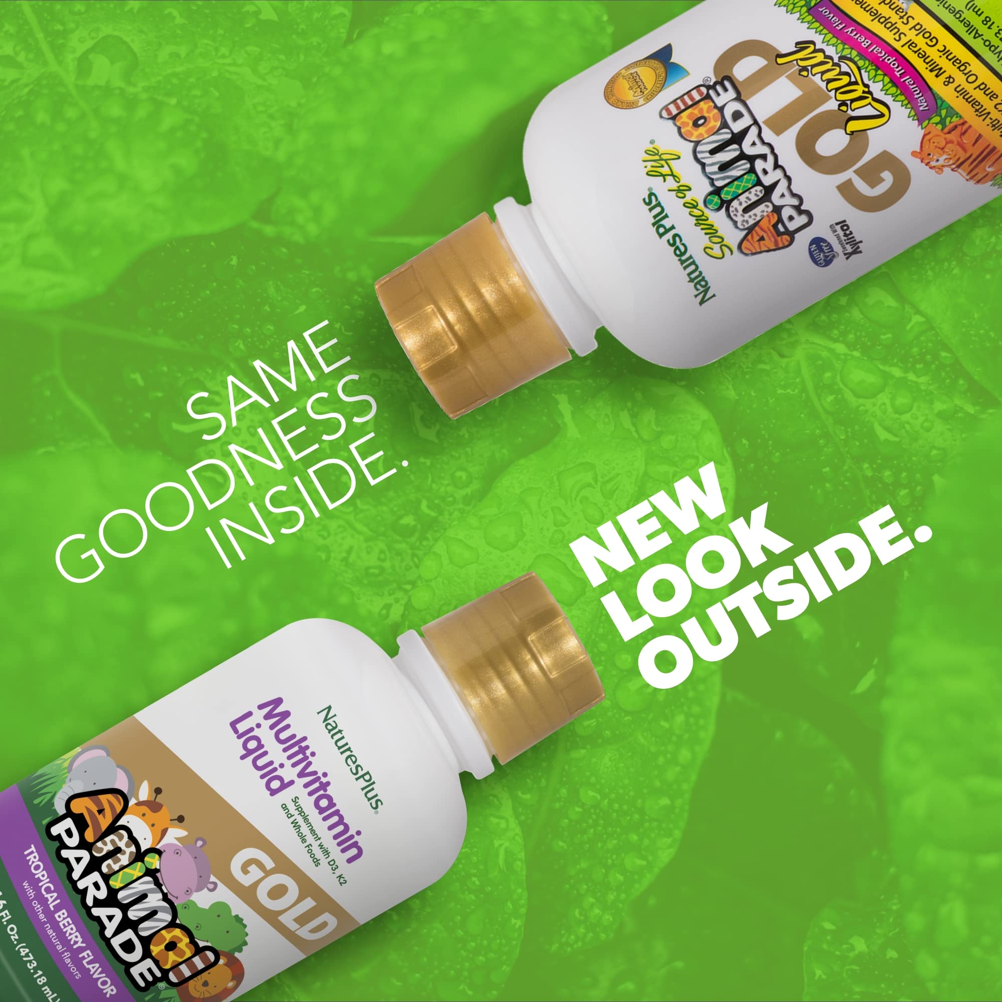 NaturesPlus Animal Parade Gold, sabor baya tropical, atractivo para niños y favorece la toma diaria.
