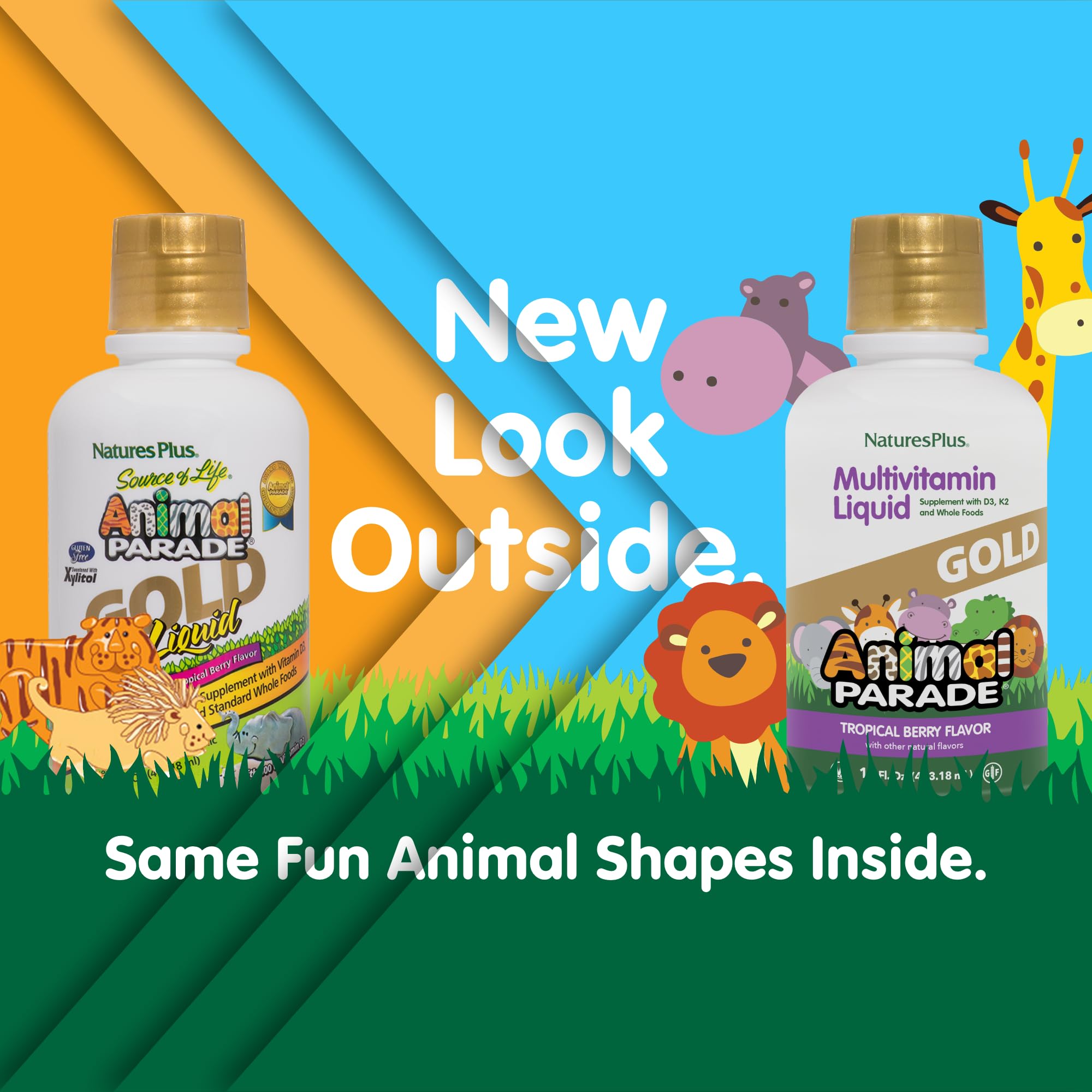 NaturesPlus Animal Parade Gold sabor tropical, opción colorida para toma diaria