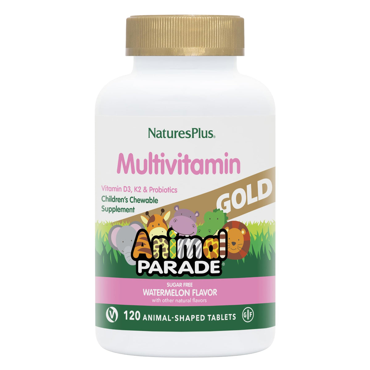 NaturesPlus Animal Parade Gold, tabletas con forma de animal, sabor sandía para el día escolar