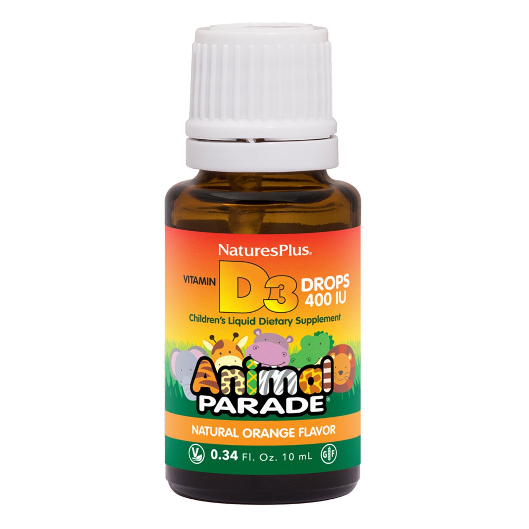 Gotas D3 para niños, sabor naranja, de NaturesPlus Animal Parade, apoyando la absorción de calcio