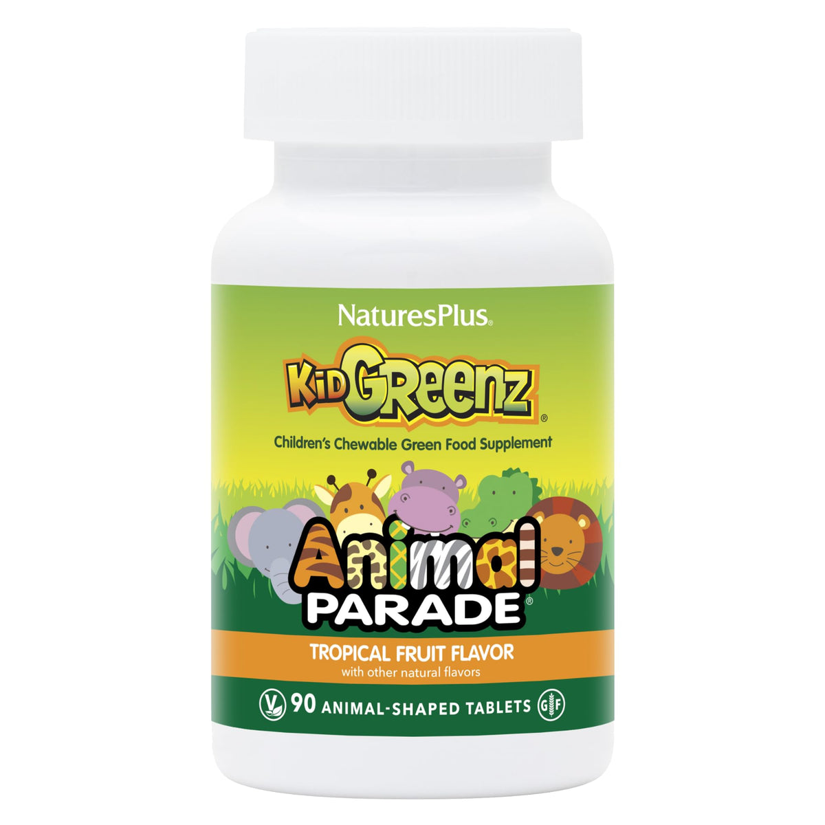 NaturesPlus Animal Parade KidGreenz, tabletas con forma de animal, sabor tropical para niños