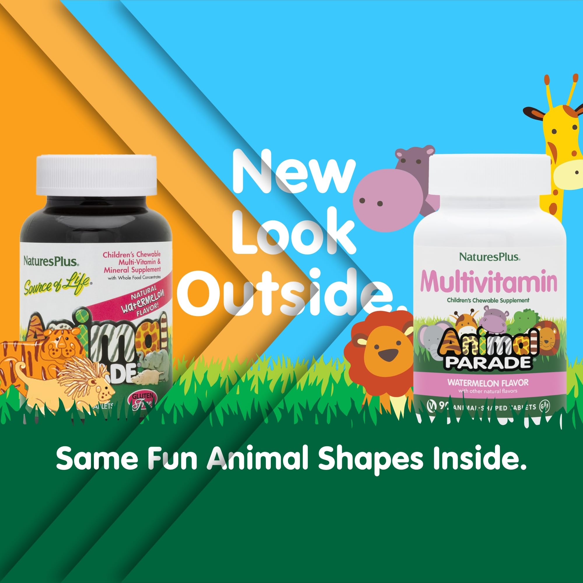 NaturesPlus Animal Parade: niños masticando tabletas divertidas para su rutina diaria.