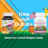NaturesPlus Animal Parade: niños masticando tabletas divertidas para su rutina diaria.