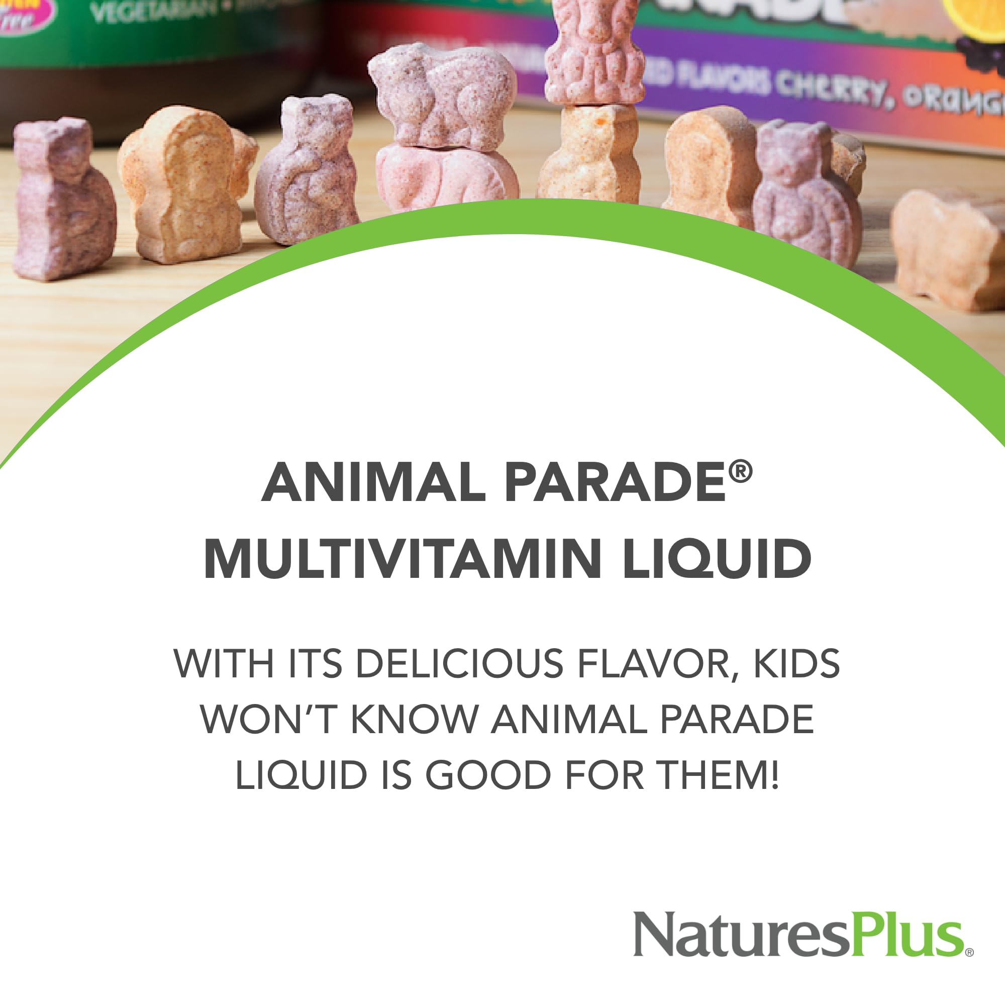 NaturesPlus Animal Parade, niños sonriendo, muestra una experiencia agradable para el consumo.