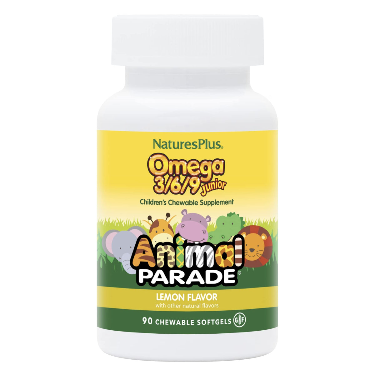 NaturesPlus Animal Parade Omega 3/6/9 para niños, botella sabor limon, apoyo potencial a la salud inmunitaria.