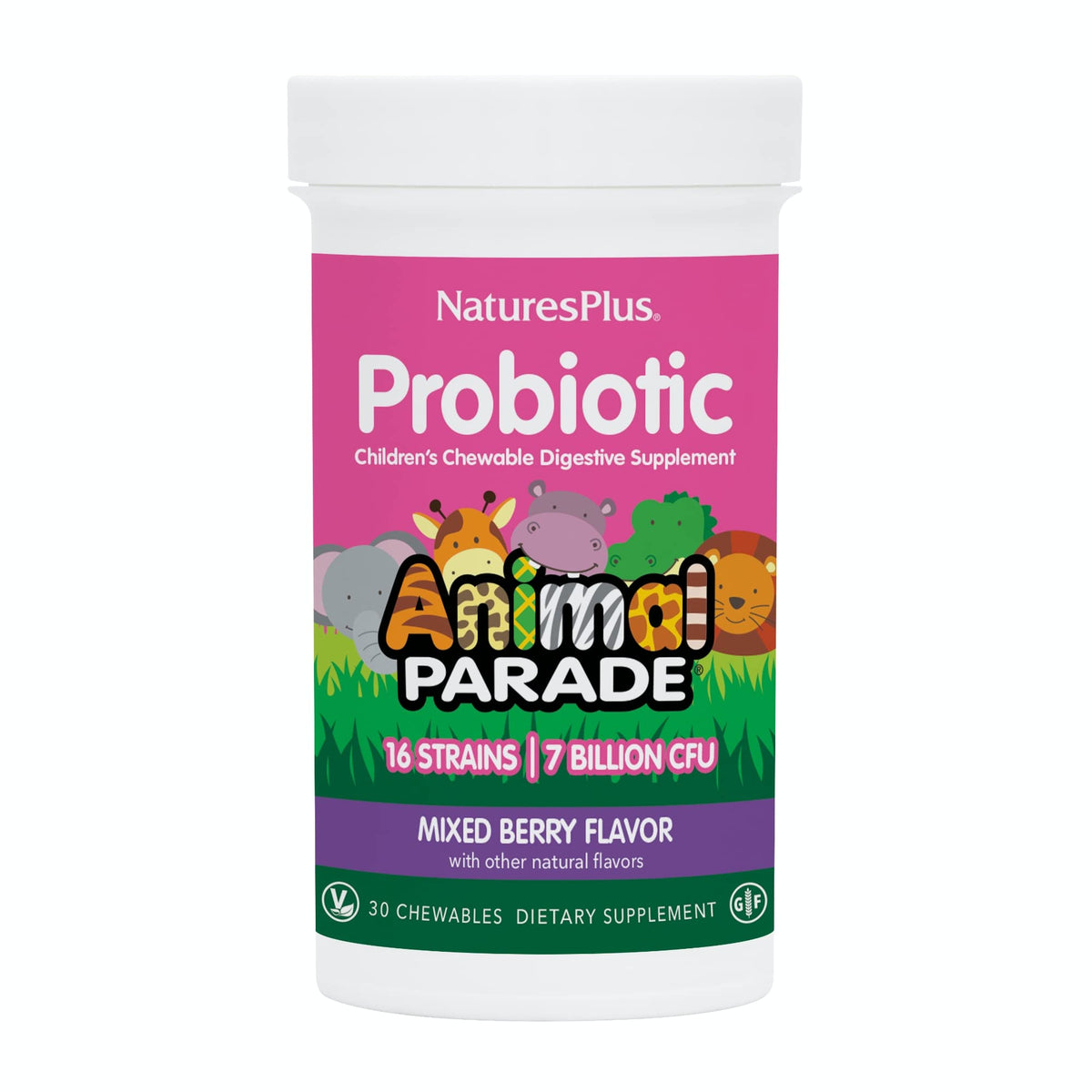 NaturesPlus Animal Parade Probiotico para niños, botella visible, apoyo a la salud digestiva diaria.