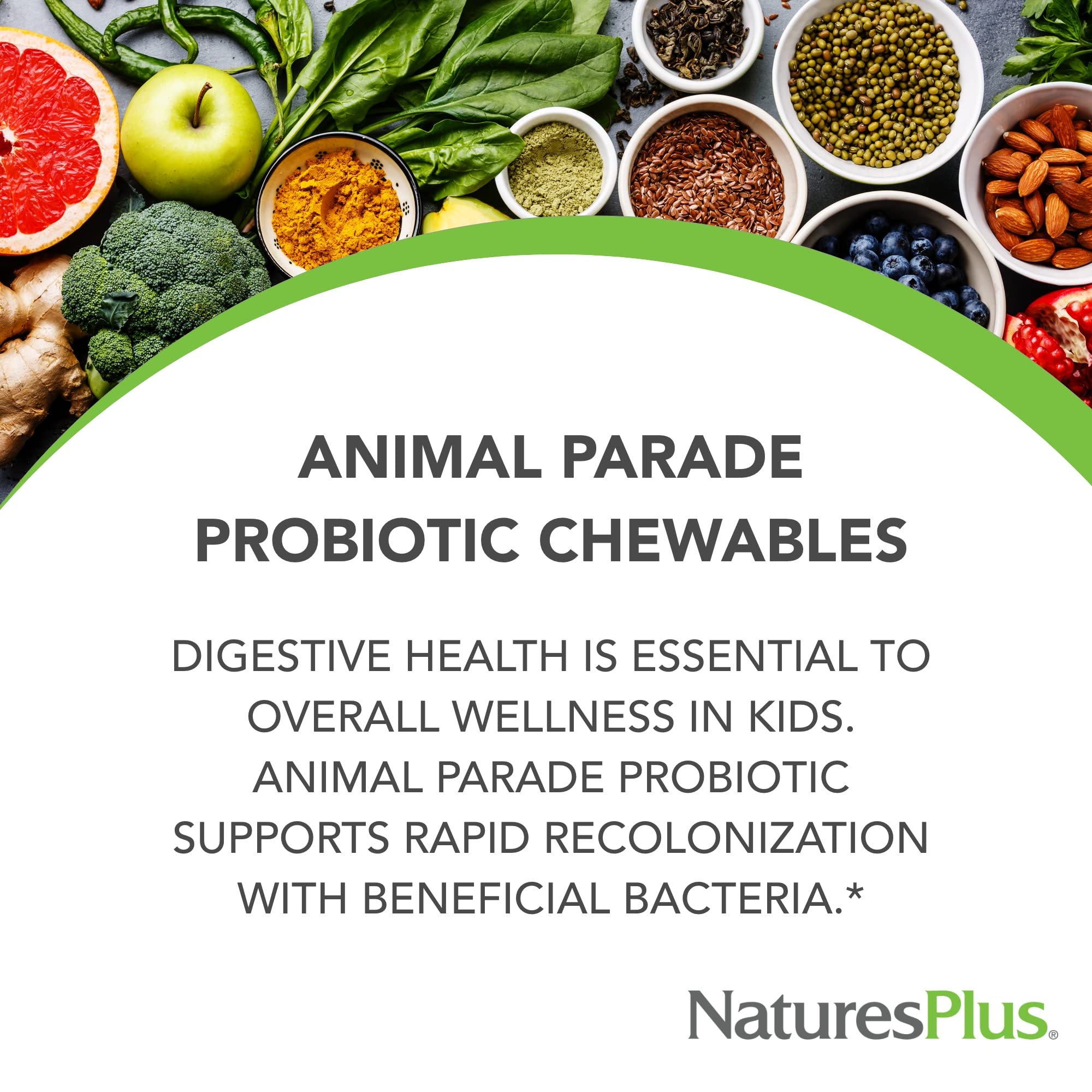 NaturesPlus Animal Parade Probiotico para niños, masticables sabor bayas mixtas que apoyan la microbiota.