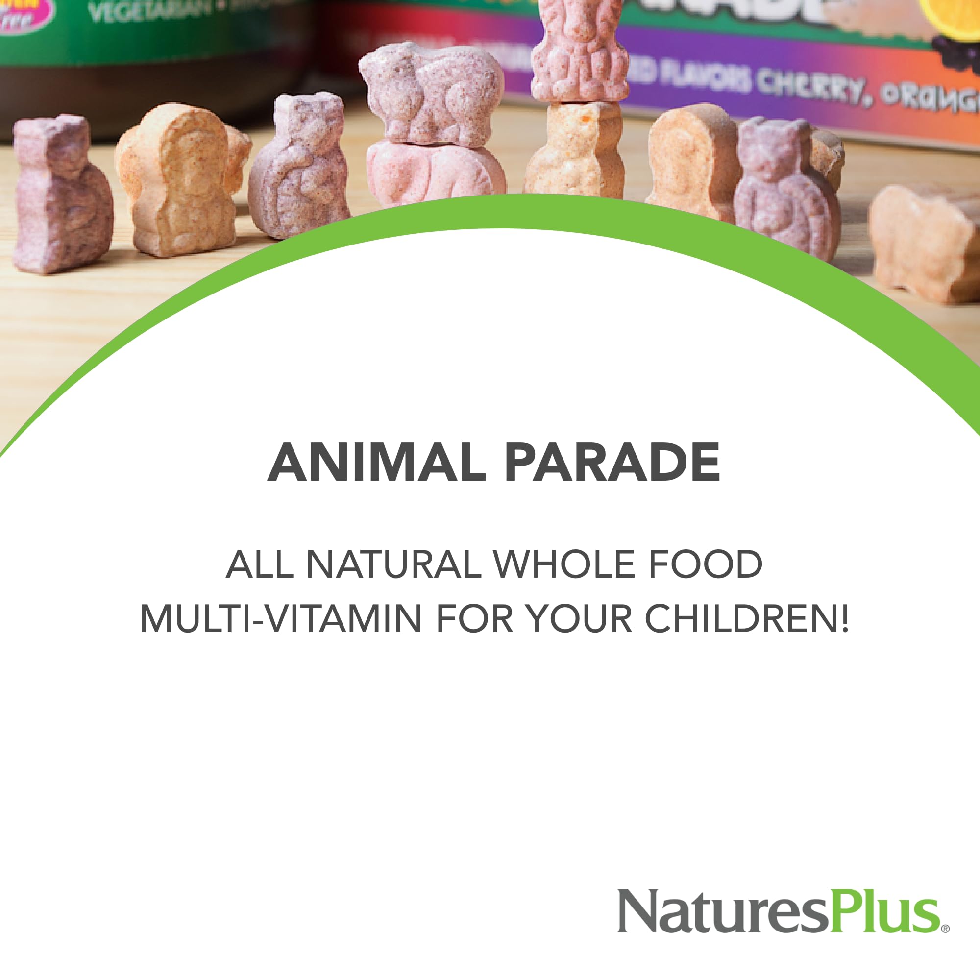 NaturesPlus Animal Parade: sabores cereza, naranja y uva para niños activos