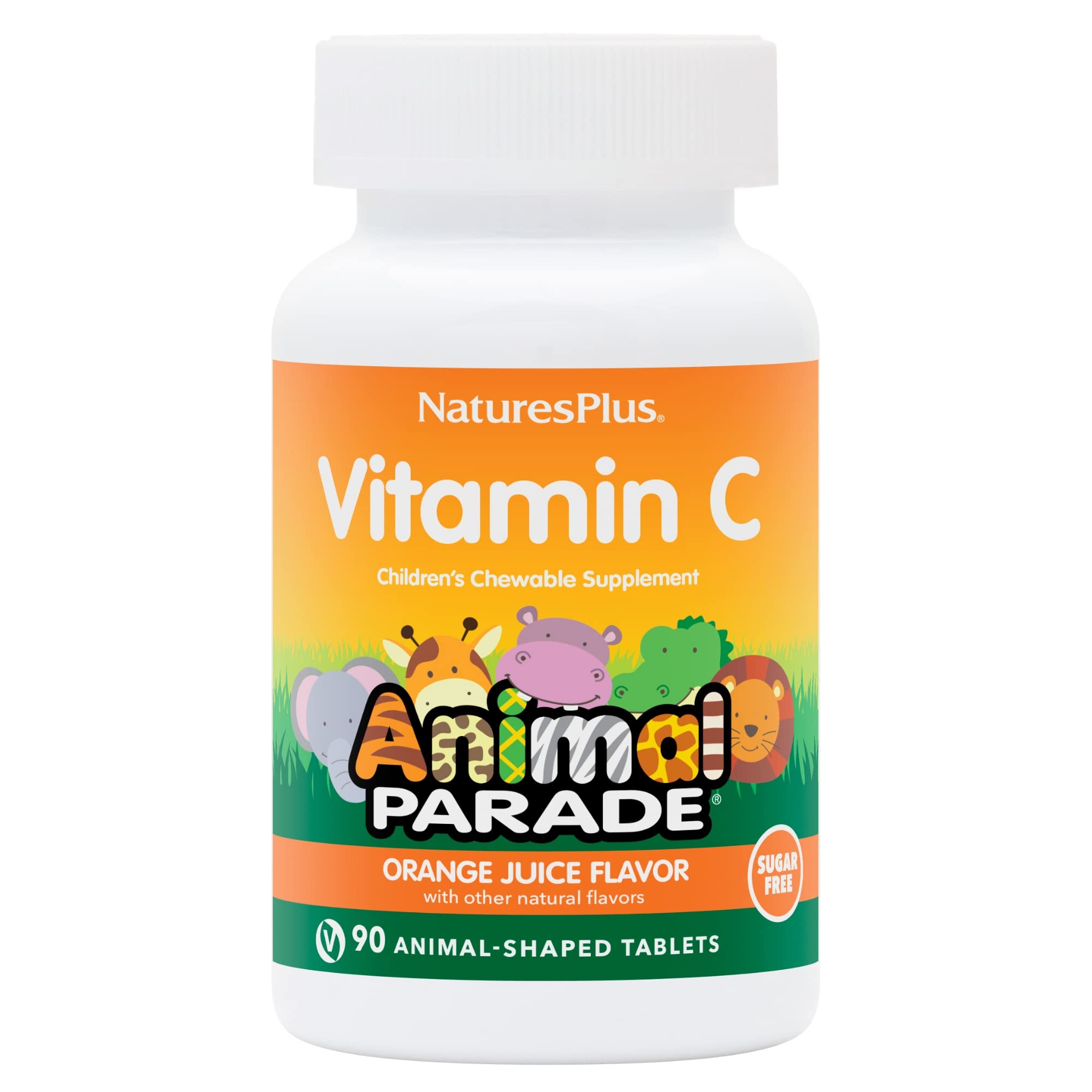 NaturesPlus Animal Parade vitamina C naranja, botella, opción divertida para niños.