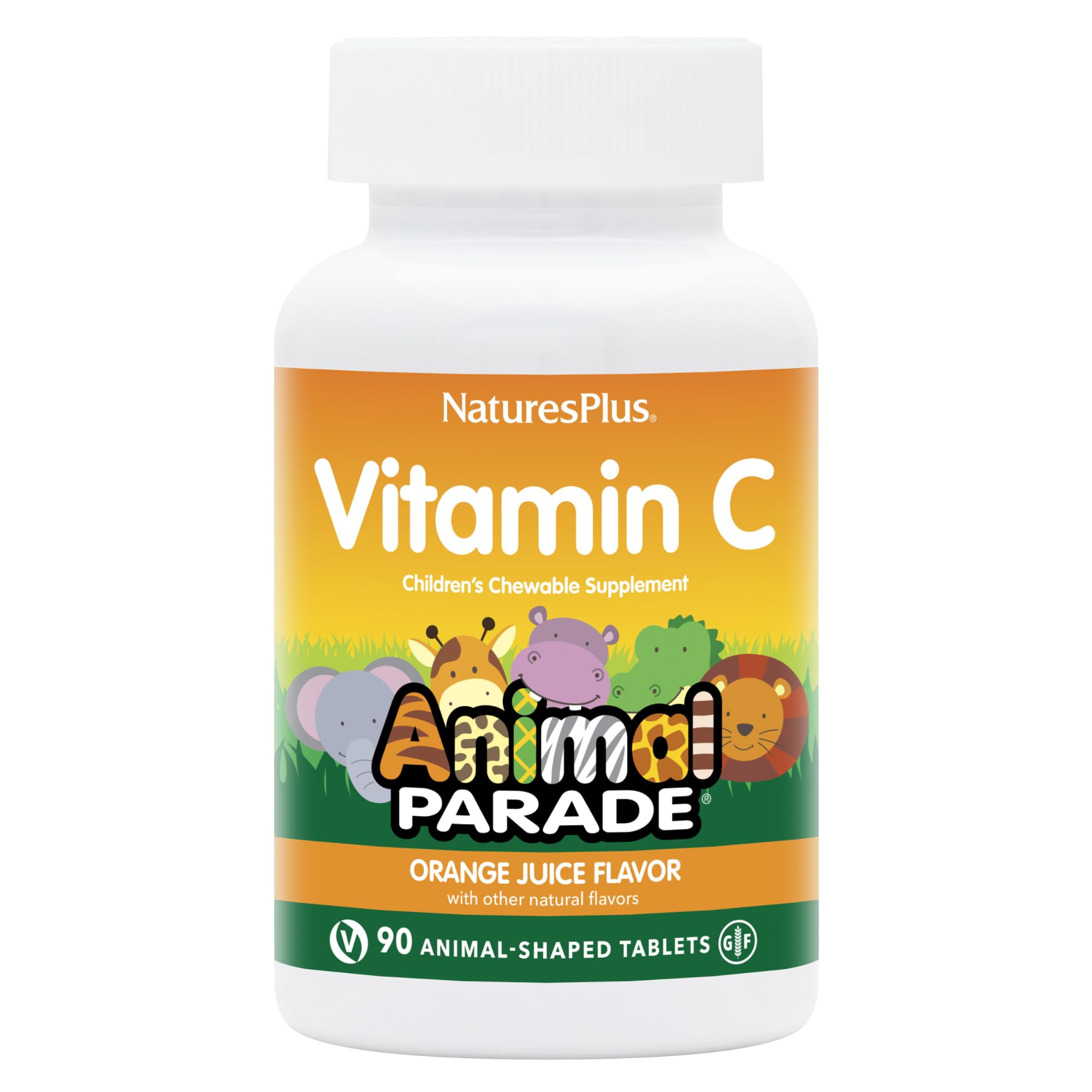 Vitamina C Animal Parade de NaturesPlus para niños, forma de animalitos, sabor naranja, apoyo diario