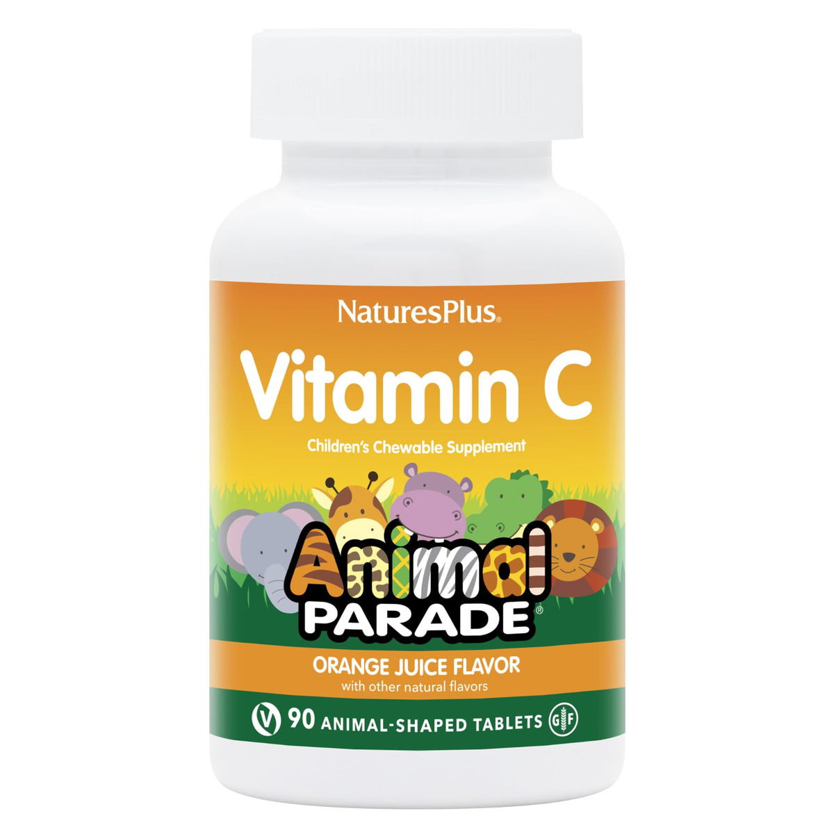 Vitamina C Animal Parade de NaturesPlus para niños, forma de animalitos, sabor naranja, apoyo diario