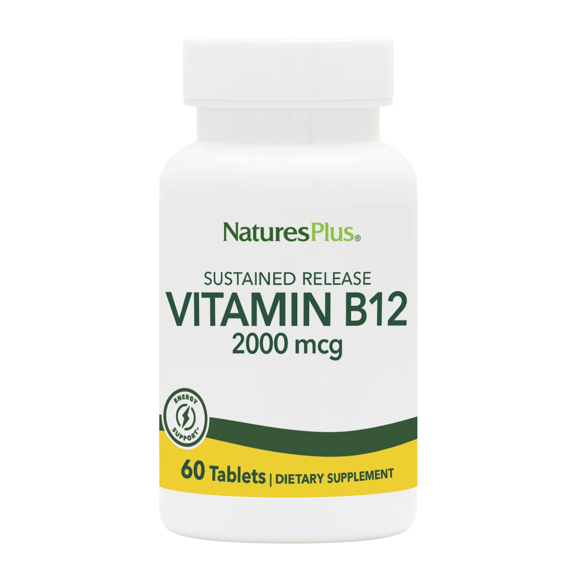 NaturesPlus B12 2000 mcg, botella frontal, apoyo de energía diaria.