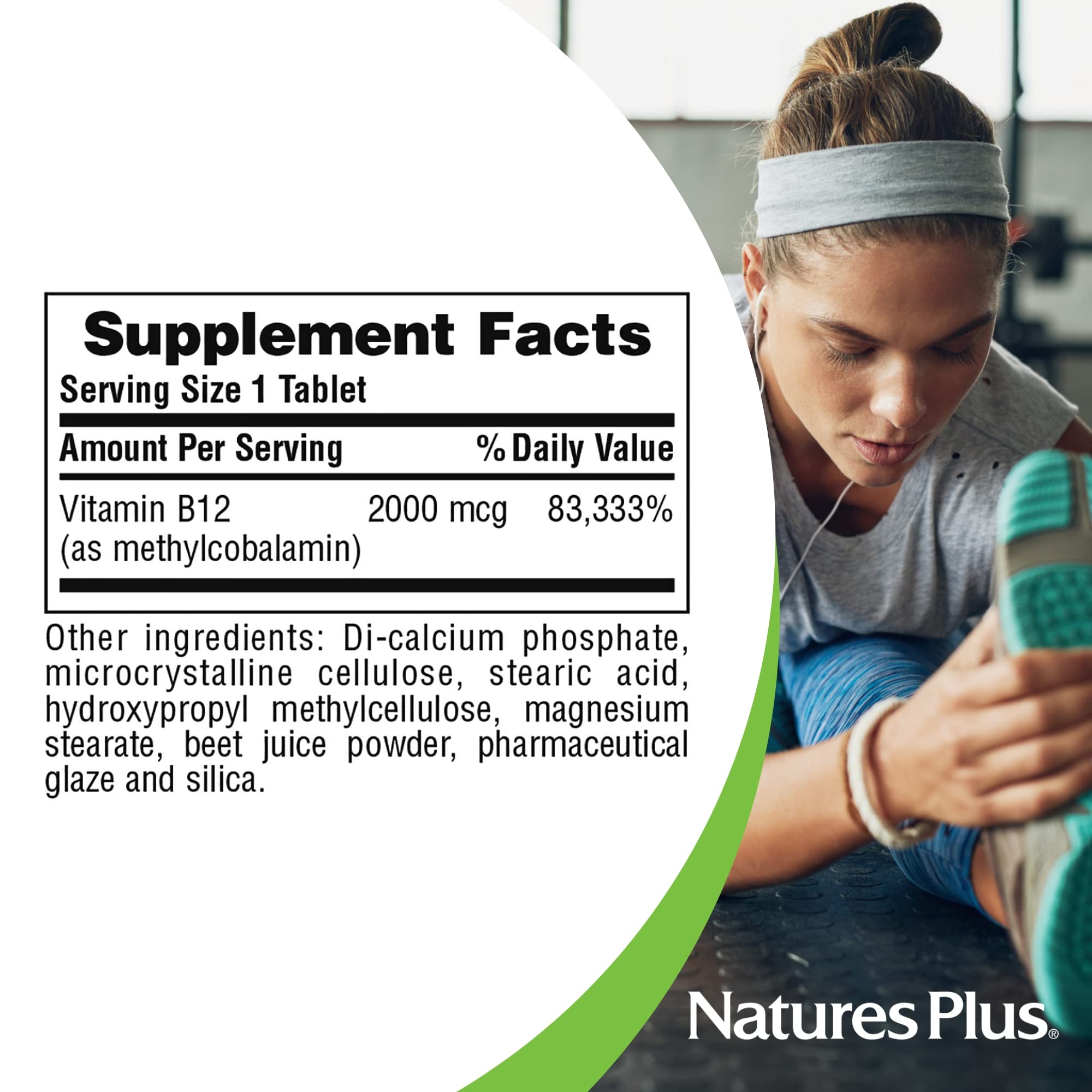 NaturesPlus B12 2000 mcg, píldoras de metilcobalamina, absorción optimizada.