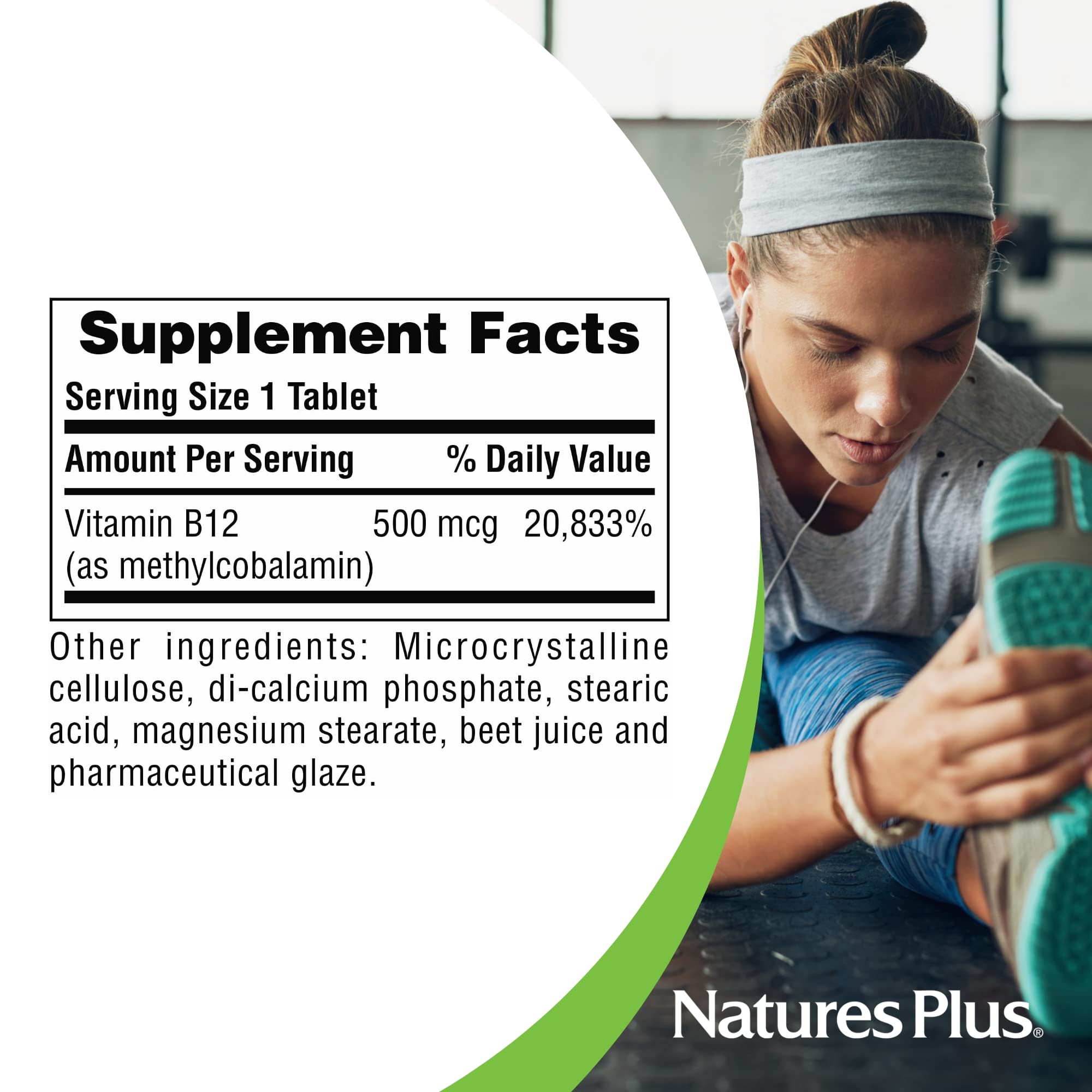NaturesPlus B12 500 mcg, caja destacada para energía y defensa cotidiana.